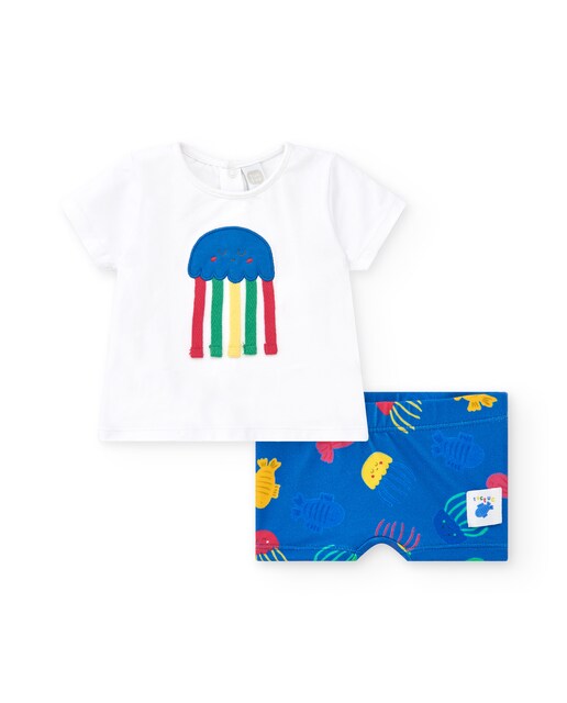 Imagen 0 de Conjunto de bebé niño con camiseta blanca y pantalón corto azul