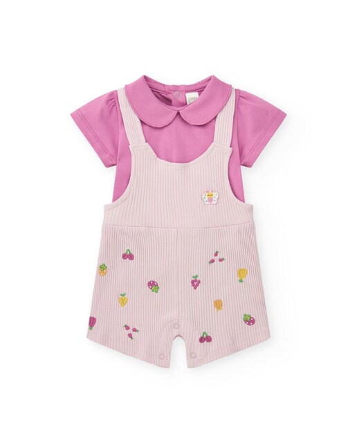 Imagen 0 de Conjunto de bebé niña de camiseta y peto acanalado lila con bordado de frutas