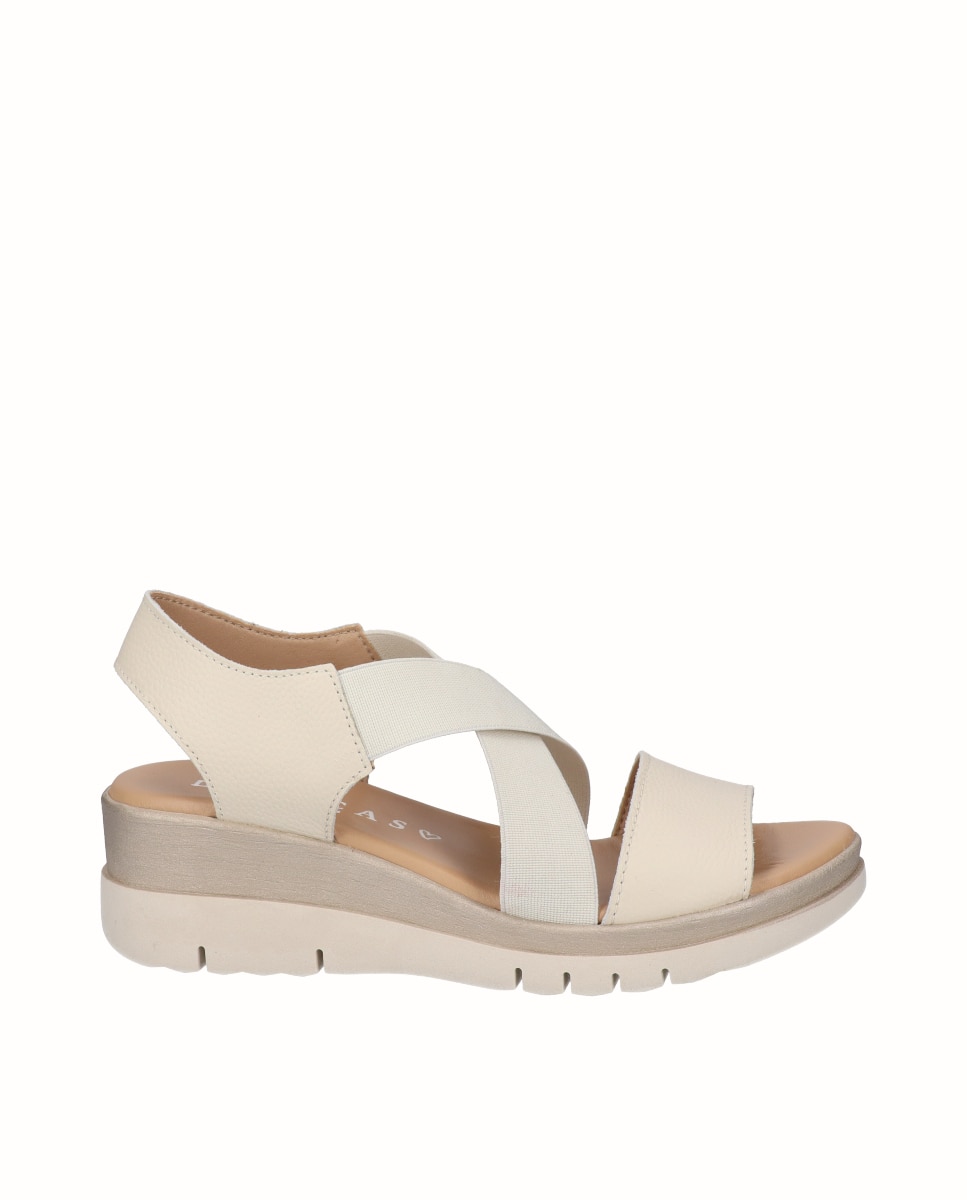 Sandalias de cuña bicolor de mujer de piel con elásticos anchos - D'Chicas - Beige Beige-1