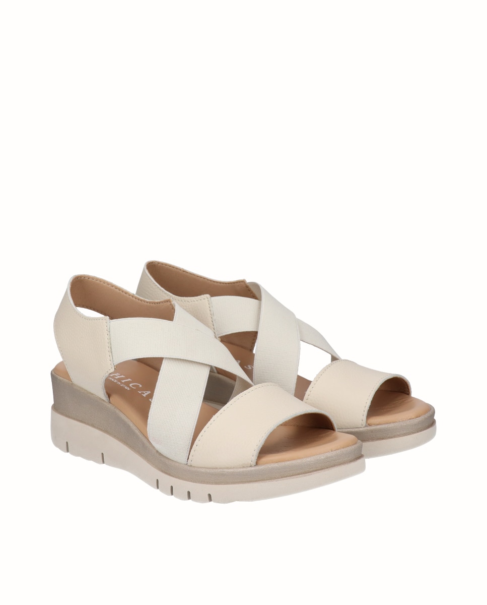Sandalias de cuña bicolor de mujer de piel con elásticos anchos - D'Chicas - Beige Beige-3