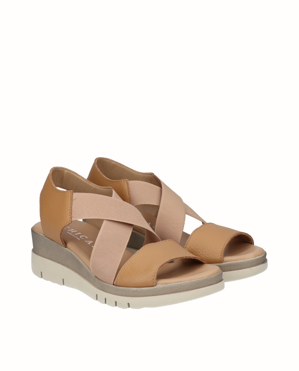 Sandalias de cuña bicolor de mujer de piel con elásticos anchos - D'Chicas - Camel Camel-3
