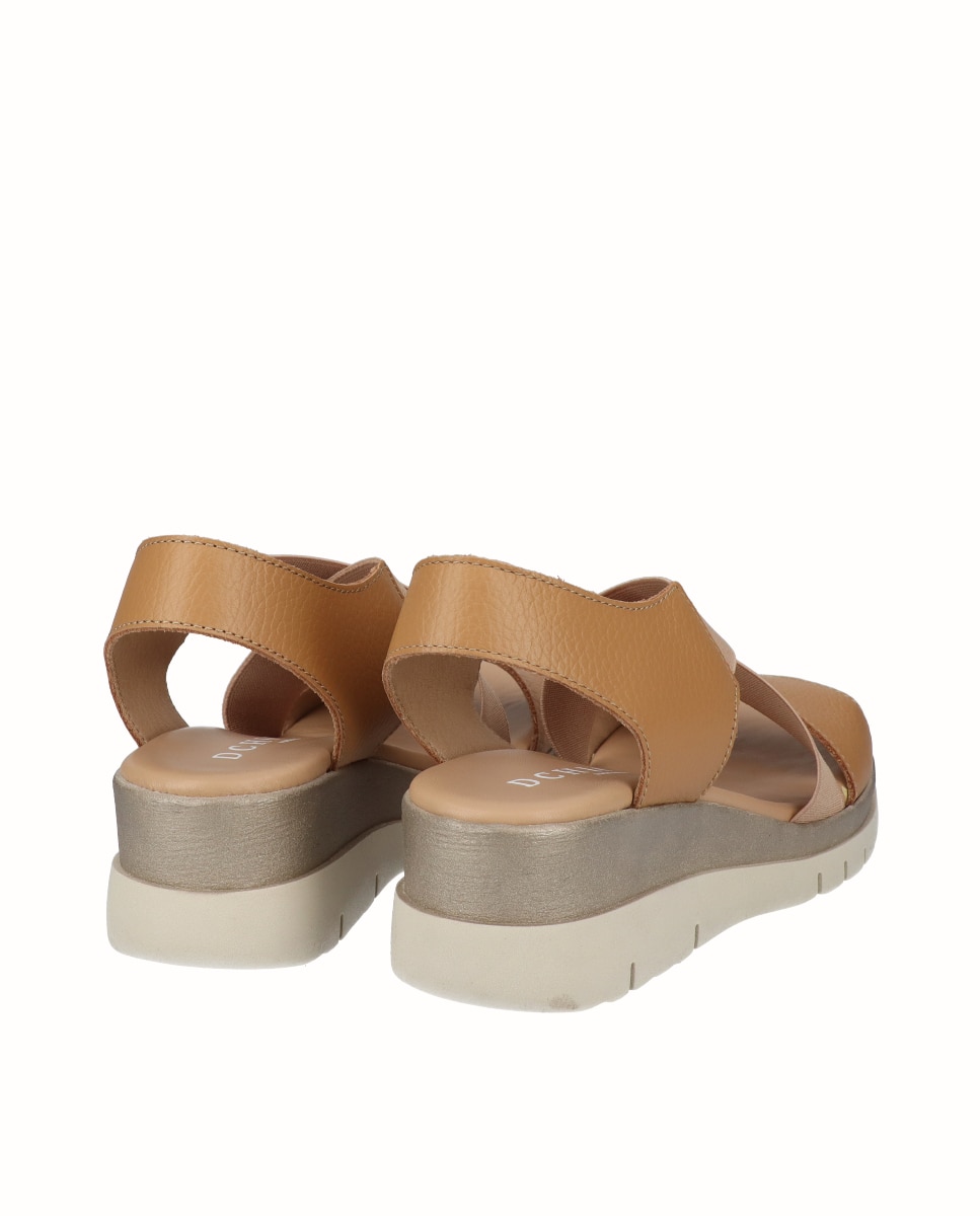 Sandalias de cuña bicolor de mujer de piel con elásticos anchos - D'Chicas - Camel Camel-2