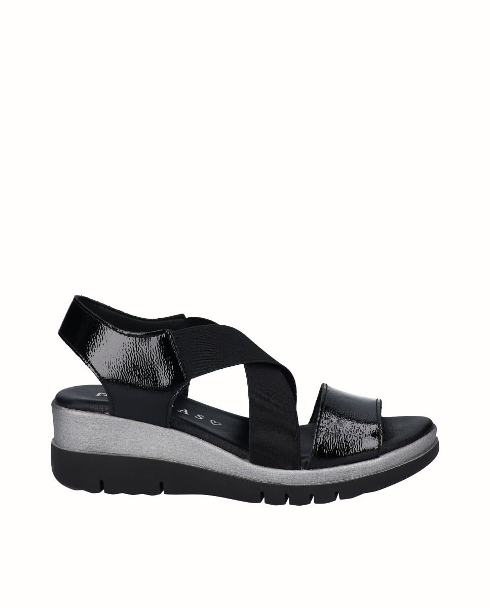 Sandalias de cuña bicolor de mujer de piel con elásticos anchos - D'Chicas - Negro Negro-1