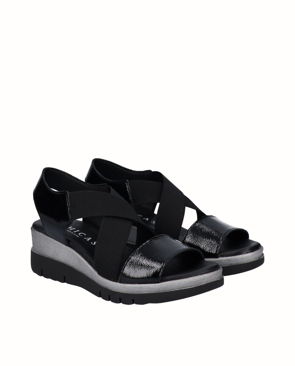 Sandalias de cuña bicolor de mujer de piel con elásticos anchos - D'Chicas - Negro Negro-3