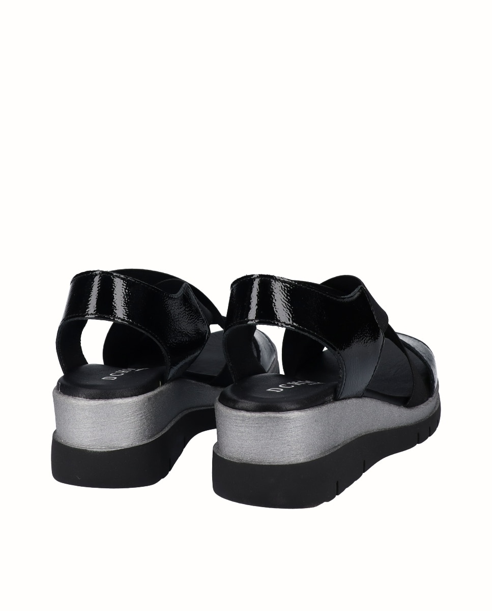Sandalias de cuña bicolor de mujer de piel con elásticos anchos - D'Chicas - Negro Negro-2
