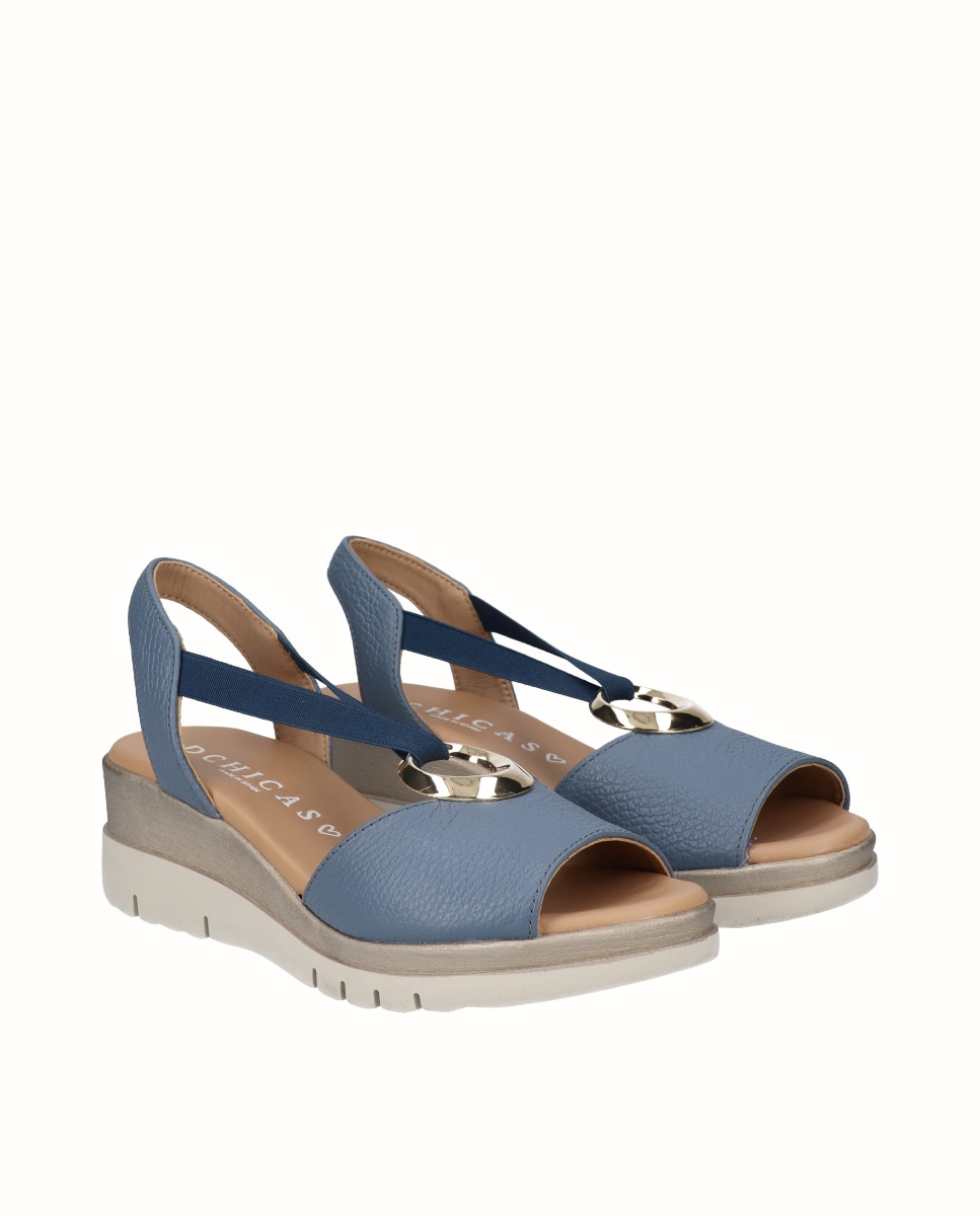 Sandalias de cuña bicolor de mujer de piel con adorno - D'Chicas - Azul denim Azul denim-3