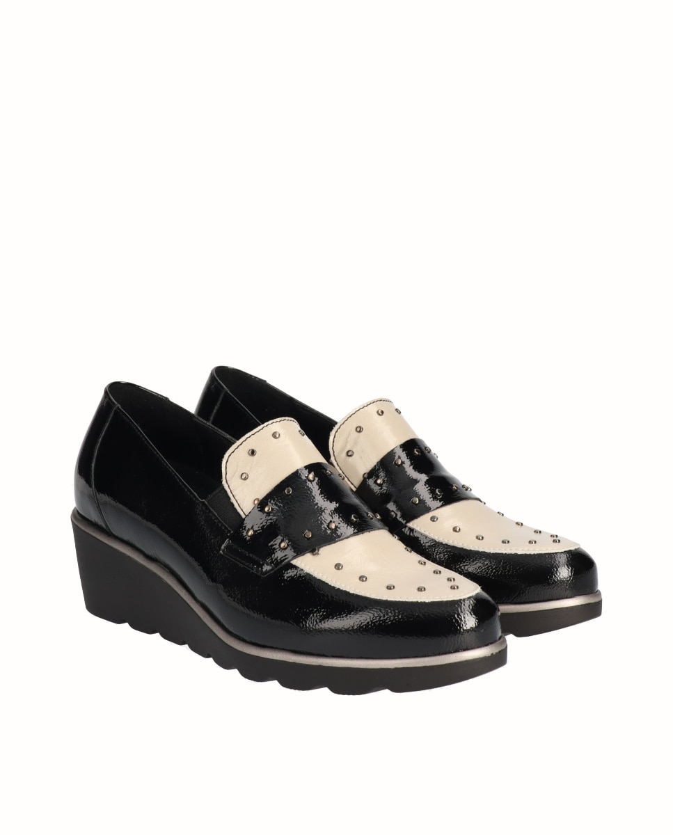 Mocasines con cuña piel tachas - D'Chicas - Negro / Blanco Negro / Blanco-3