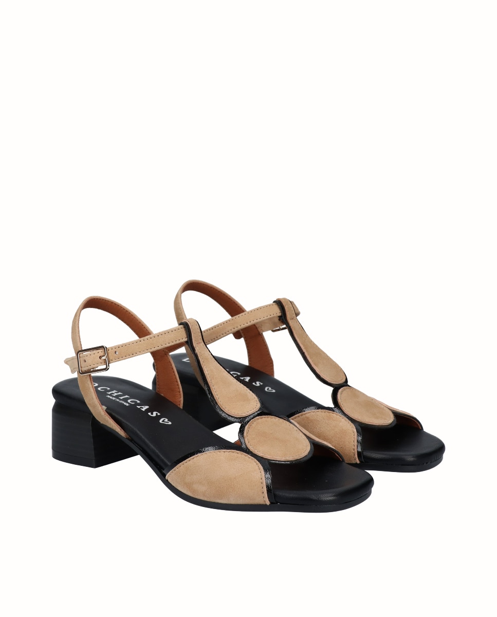 Sandalias de tacón bajo de mujer de piel combinada - D'Chicas - Camel Camel-3