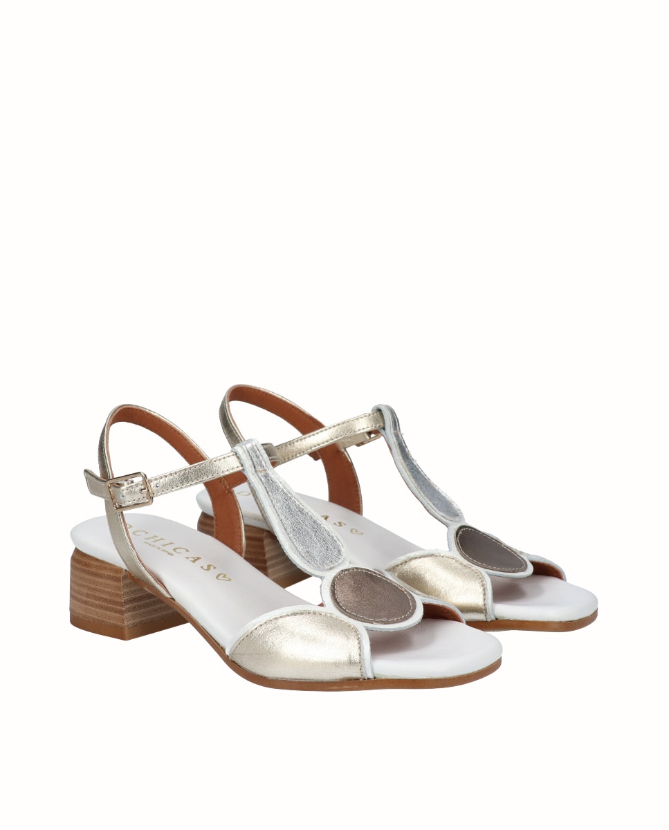 Sandalias de tacón bajo de mujer de piel combinada - D'Chicas - Oro / Plata Oro / Plata-3