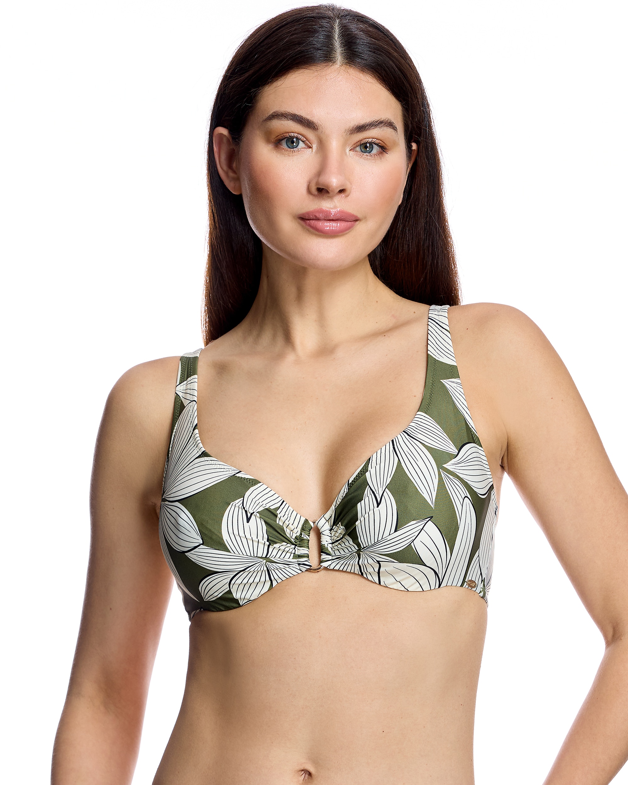 Imagen 0 de Top de bikini de mujer con escote redondo y anilla central Verde Oliva