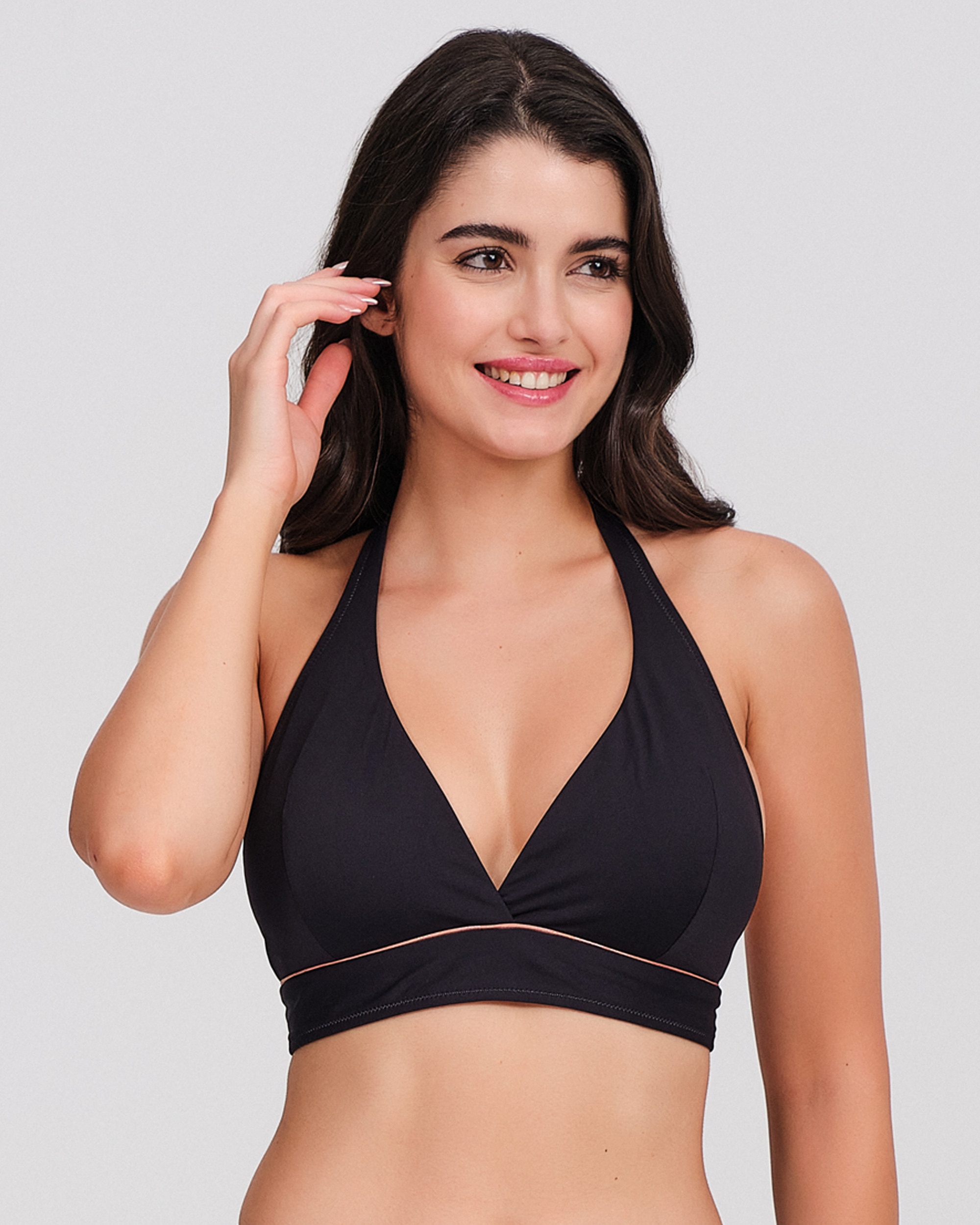 Carey - Top bikini mujer con escote halter y detalle bajo pecho.