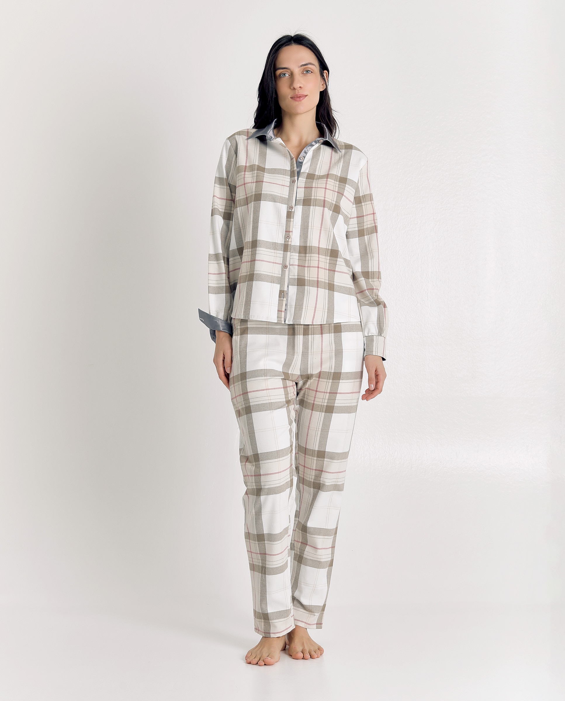 Imagen 0 de Pijama de mujer de algodón con print de cuadros Blanco roto
