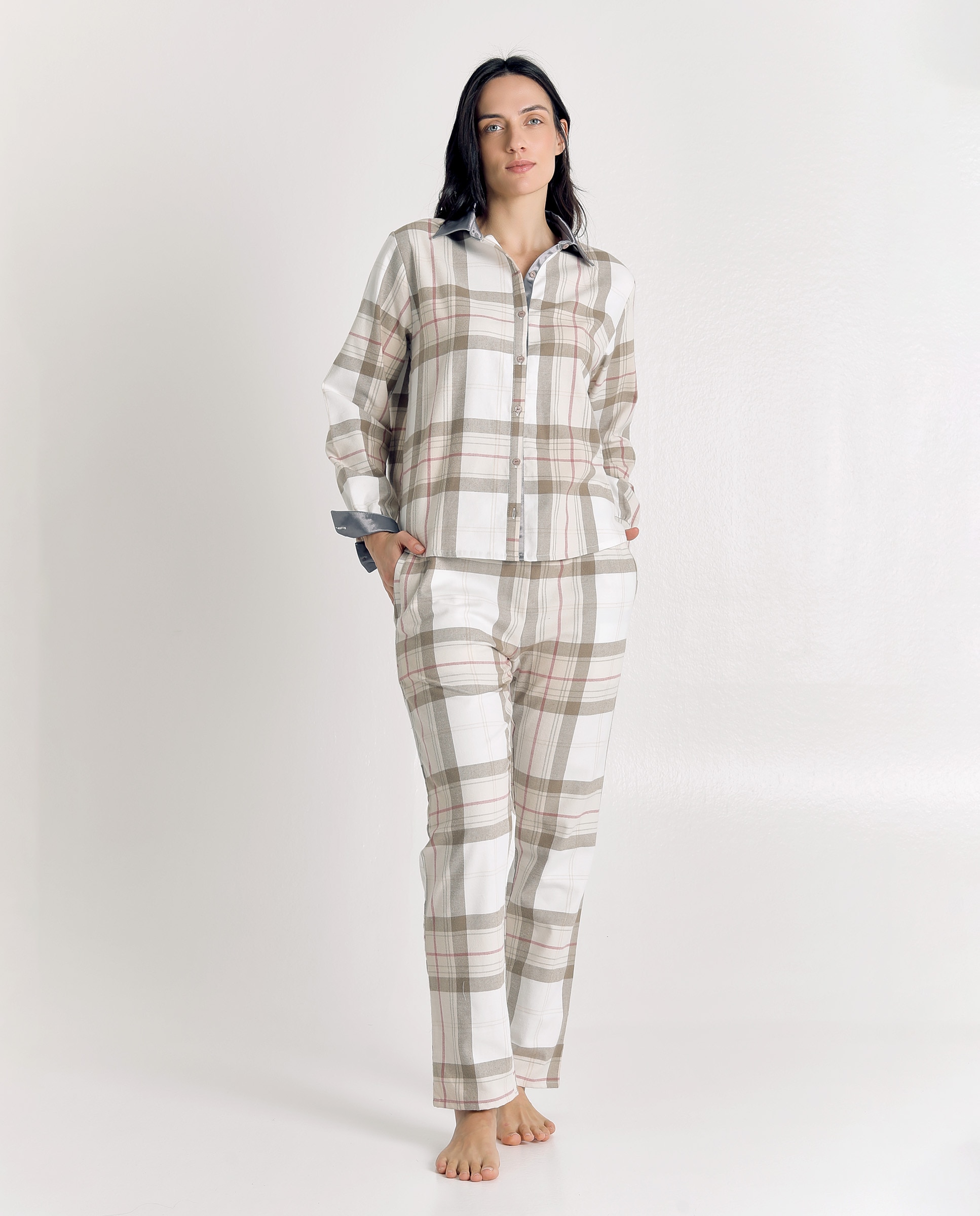 Pijama de mujer de algodón con print de cuadros - J&J Brothers - Blanco roto Blanco roto-3