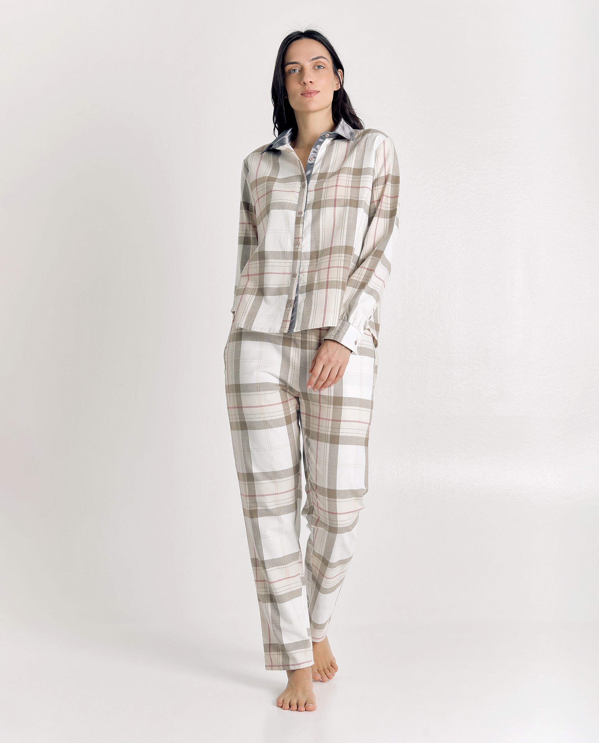 Pijama de mujer de algodón con print de cuadros - J&J Brothers - Blanco roto Blanco roto-4