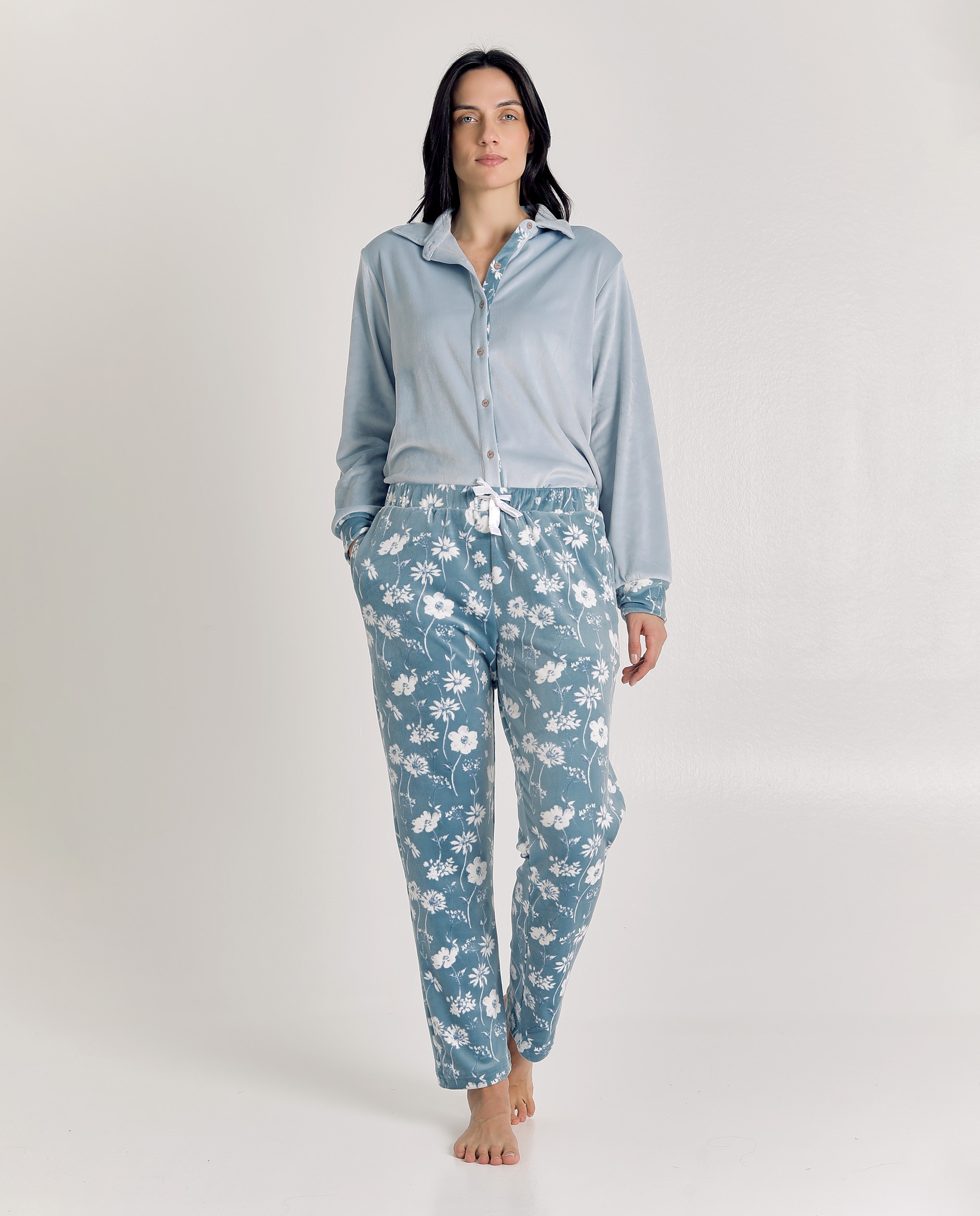Imagen 3 de Pijama de mujer de terciopelo con botones - J&J Brothers - Azul claro Azul claro