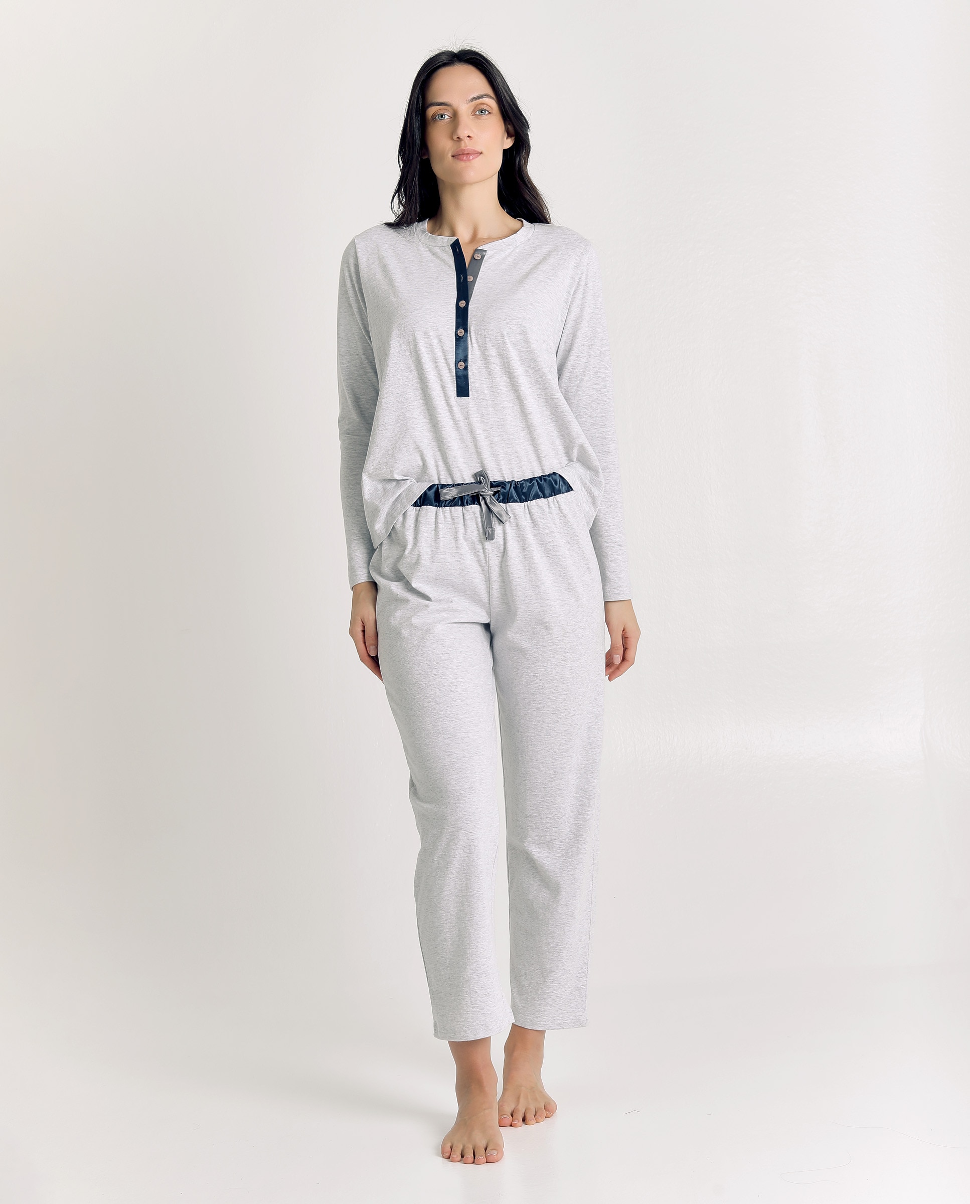 Pijama de mujer de algodón con botones en el cuello - J&J Brothers - Gris Piedra Gris Piedra-3