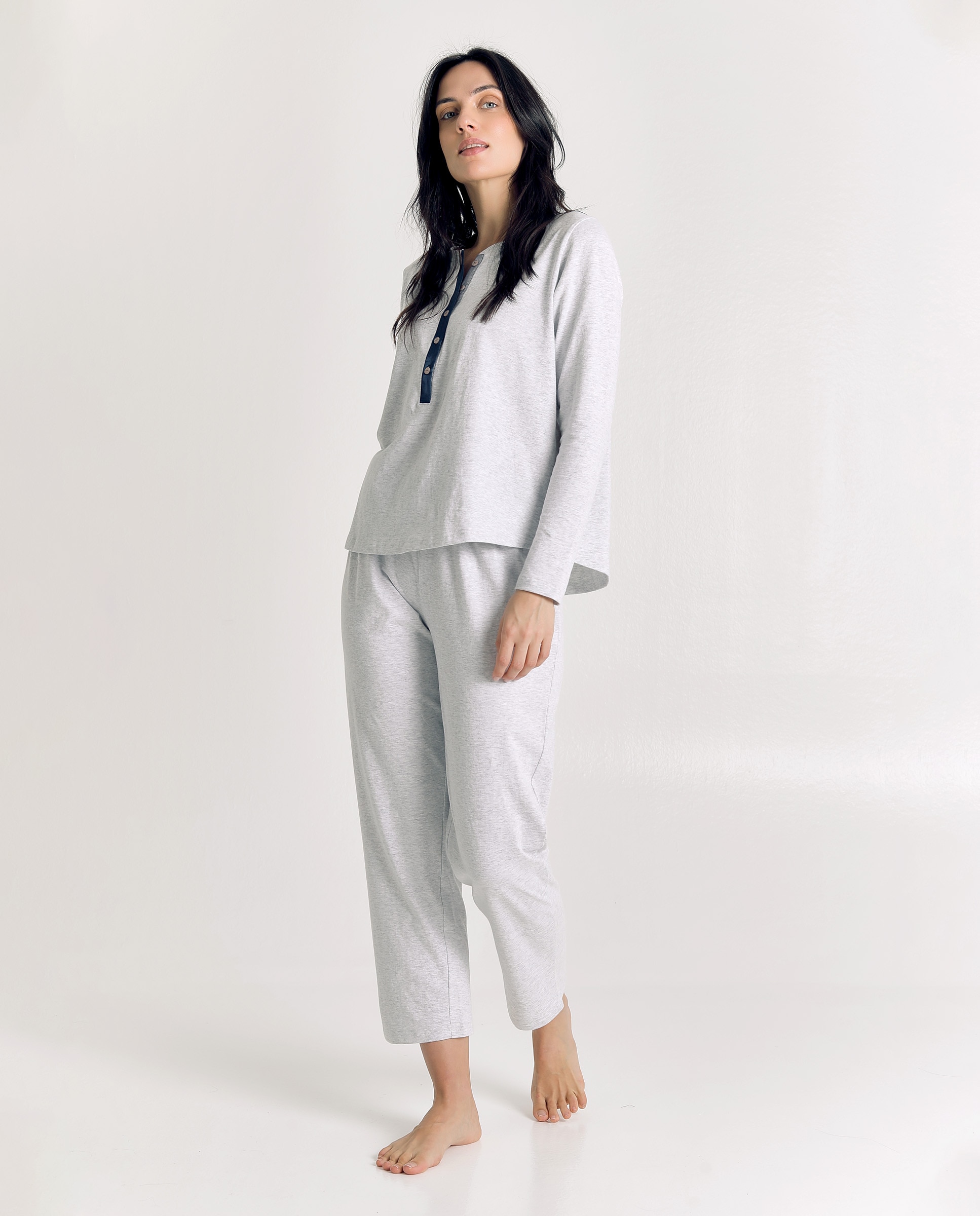 Pijama de mujer de algodón con botones en el cuello - J&J Brothers - Gris Piedra Gris Piedra-4