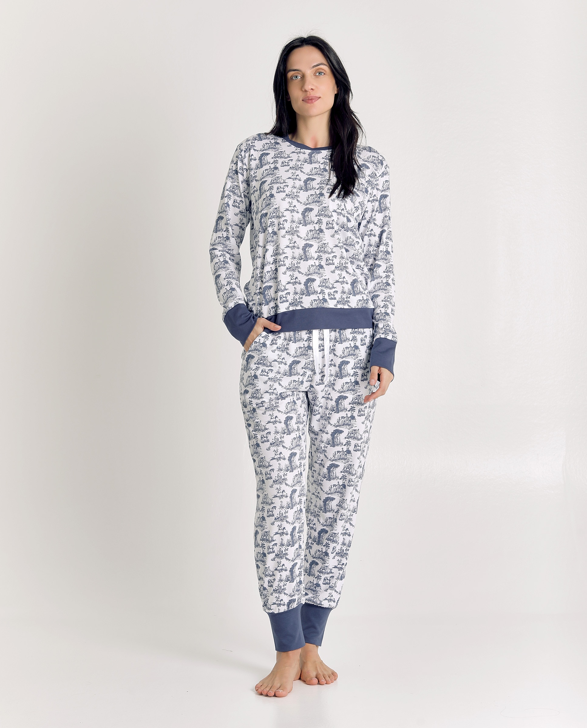 Imagen 1 de Pijama de mujer de algodón con puños contrastados Azul Cobalto