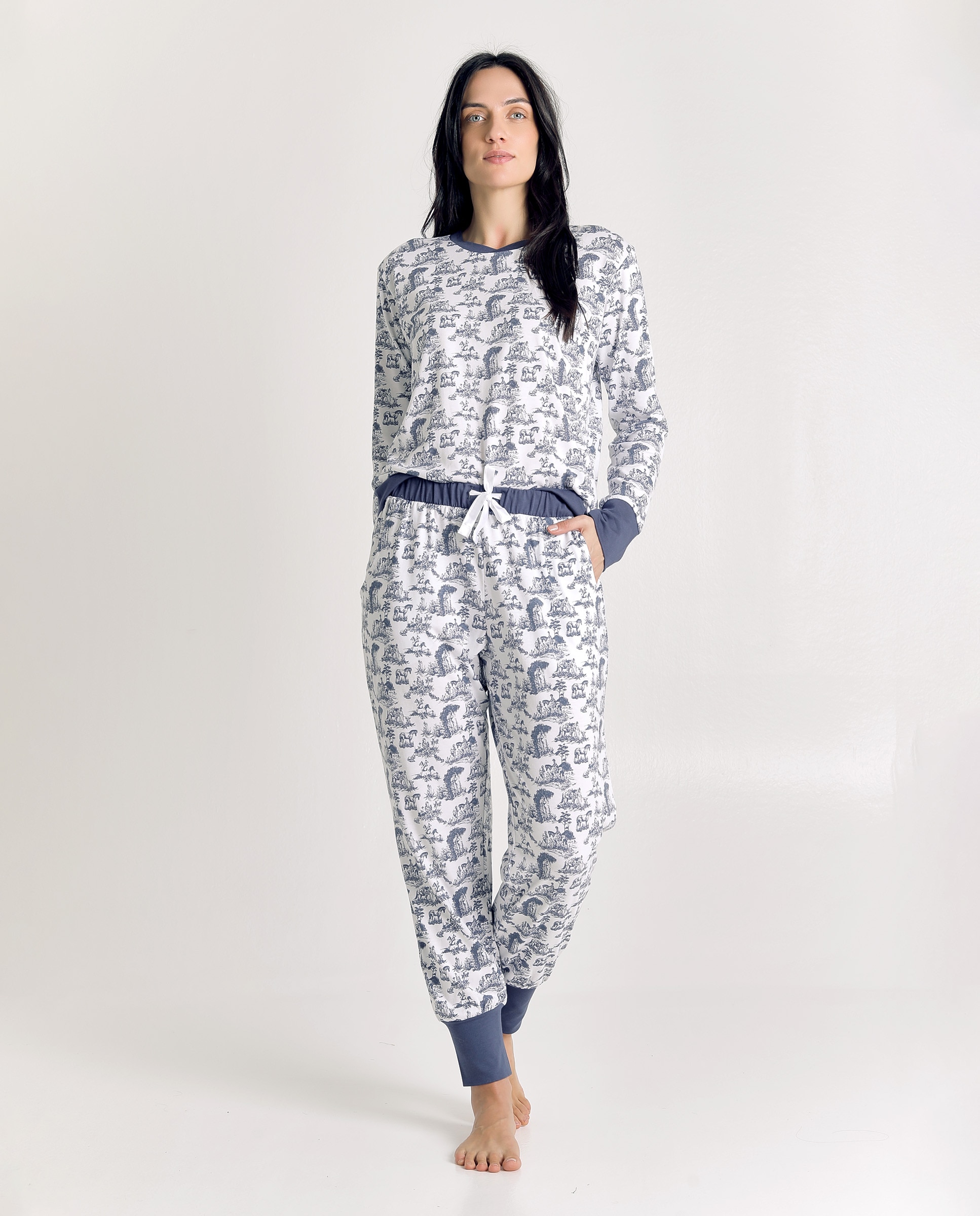 Imagen 3 de Pijama de mujer de algodón con puños contrastados - J&J Brothers - Azul Cobalto Azul Cobalto