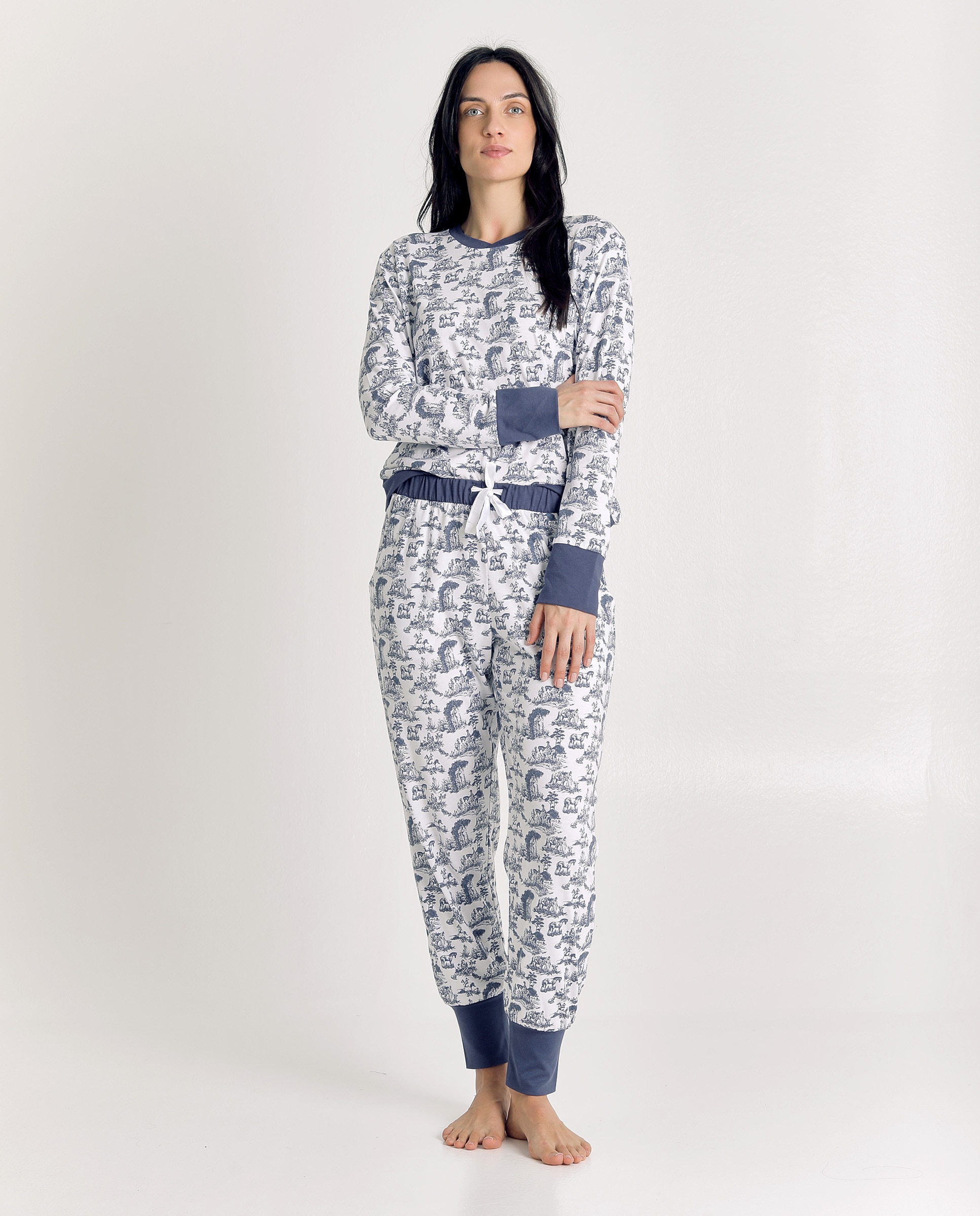 Imagen 4 de Pijama de mujer de algodón con puños contrastados - J&J Brothers - Azul Cobalto Azul Cobalto