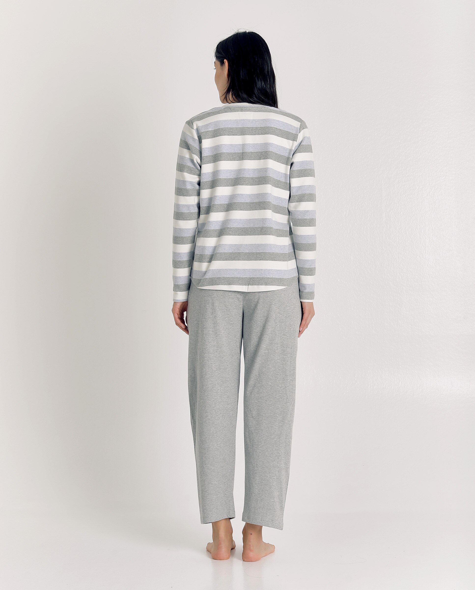 Pijama de mujer de algodón con rayas y botones - J&J Brothers - Gris claro Gris claro-2