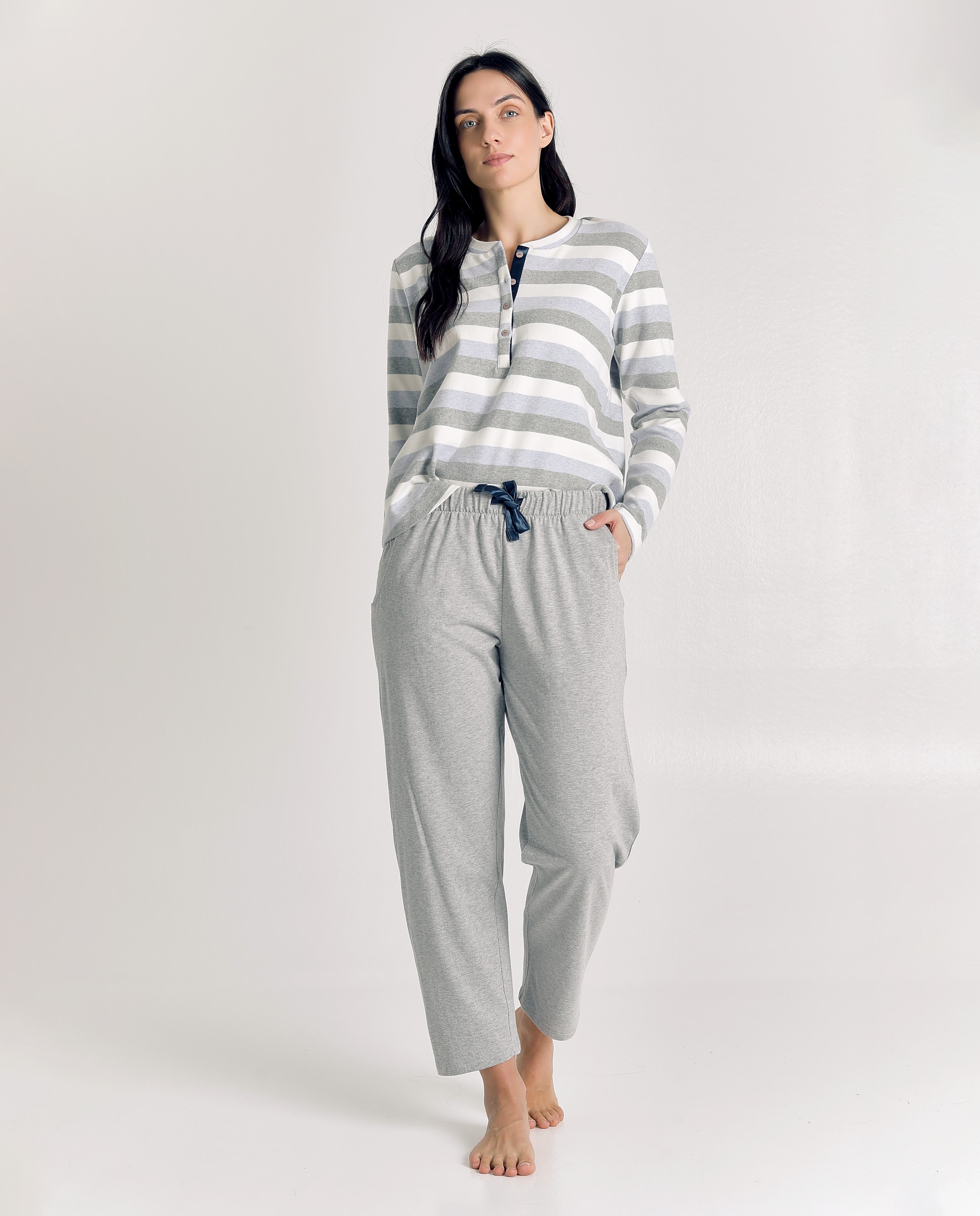 Pijama de mujer de algodón con rayas y botones - J&J Brothers - Gris claro Gris claro-3