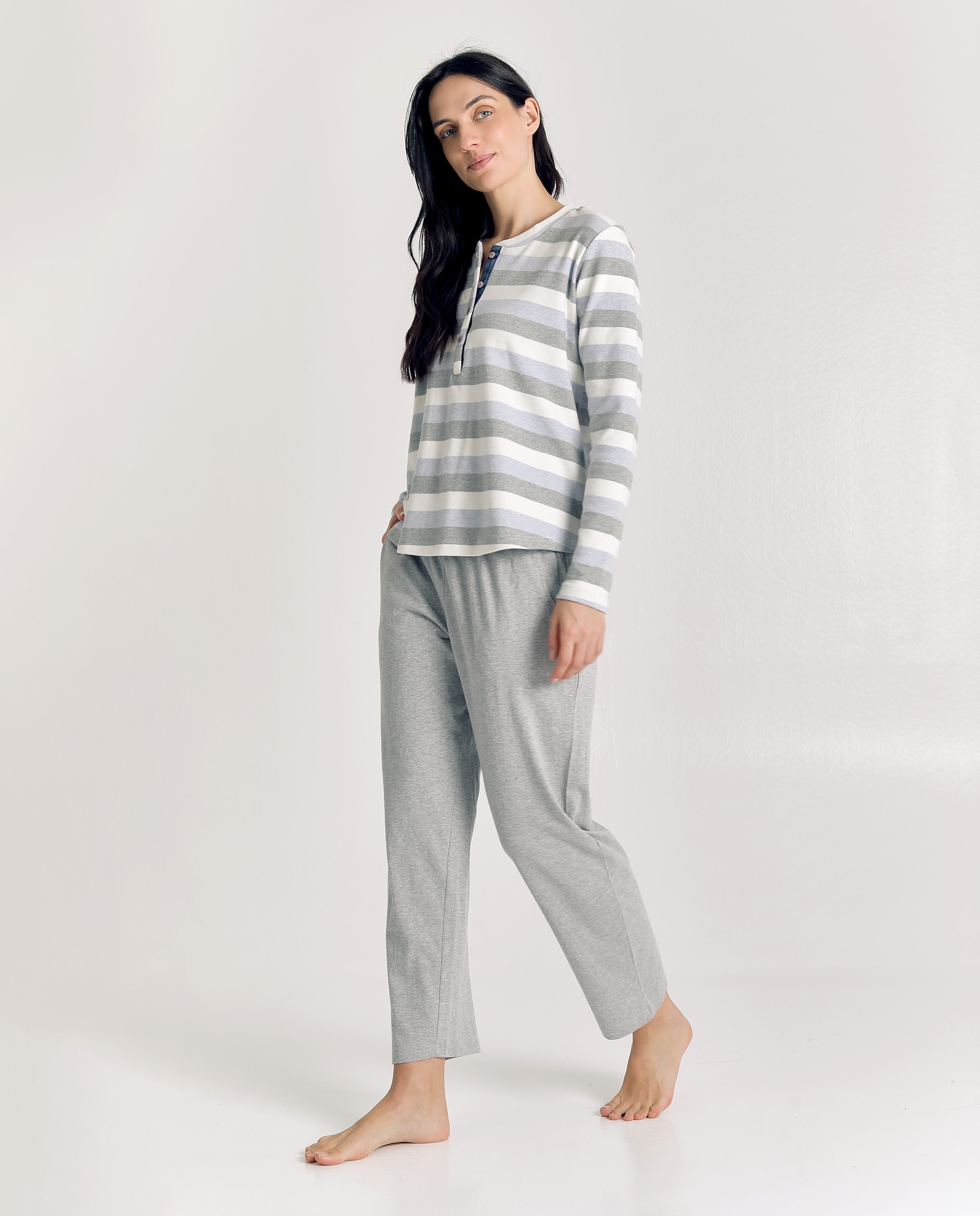 Pijama de mujer de algodón con rayas y botones - J&J Brothers - Gris claro Gris claro-4