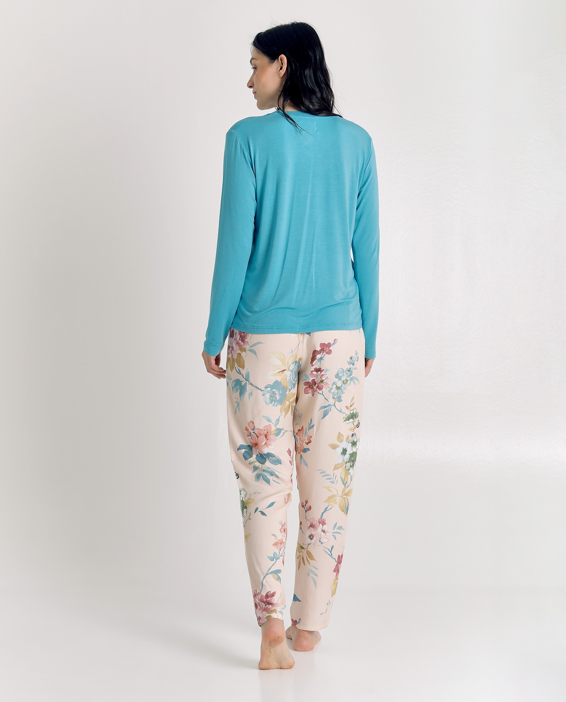 Pijama de mujer suave con pantalón floral - J&J Brothers - Azul Azul-2