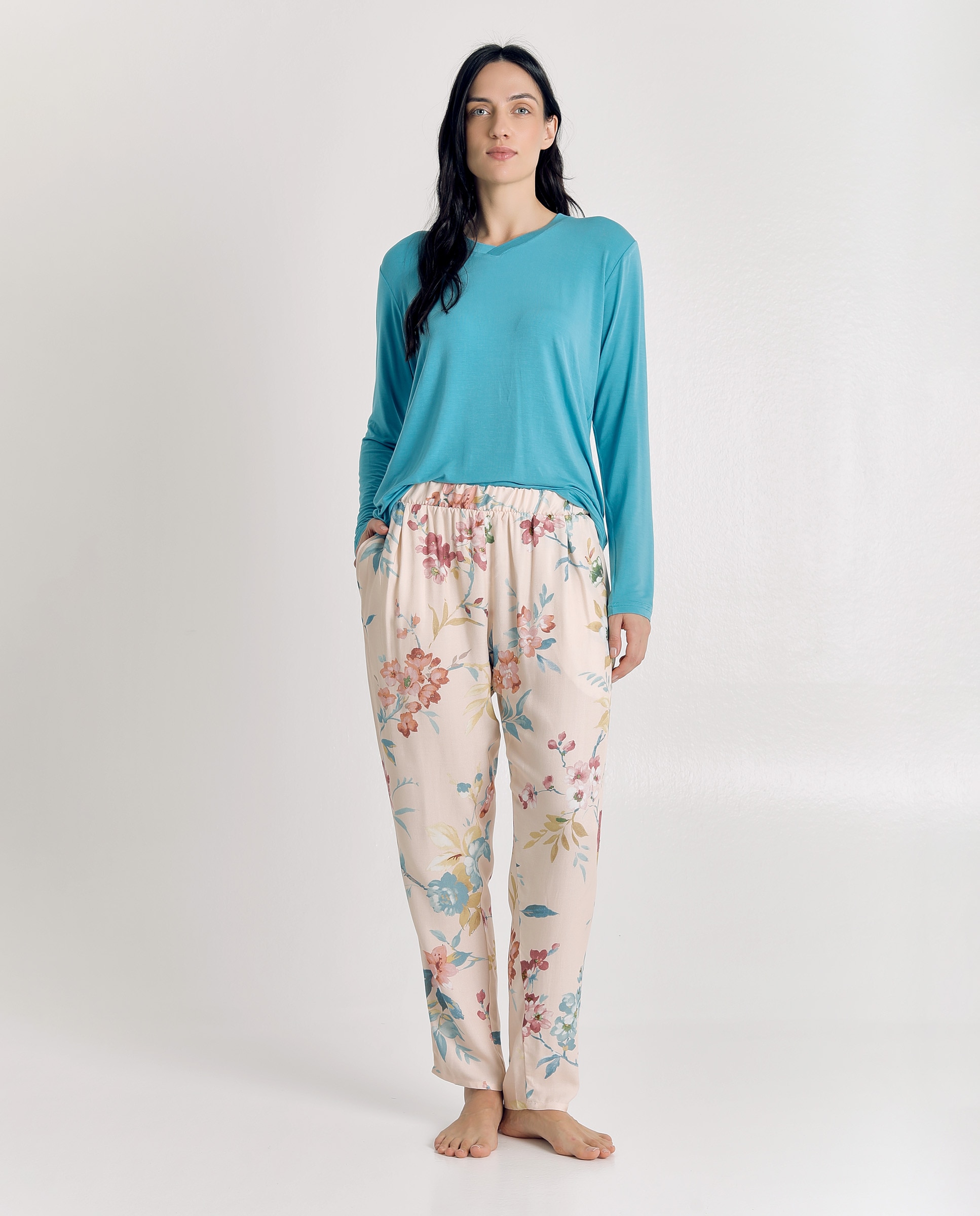 Pijama de mujer suave con pantalón floral - J&J Brothers - Azul Azul-3