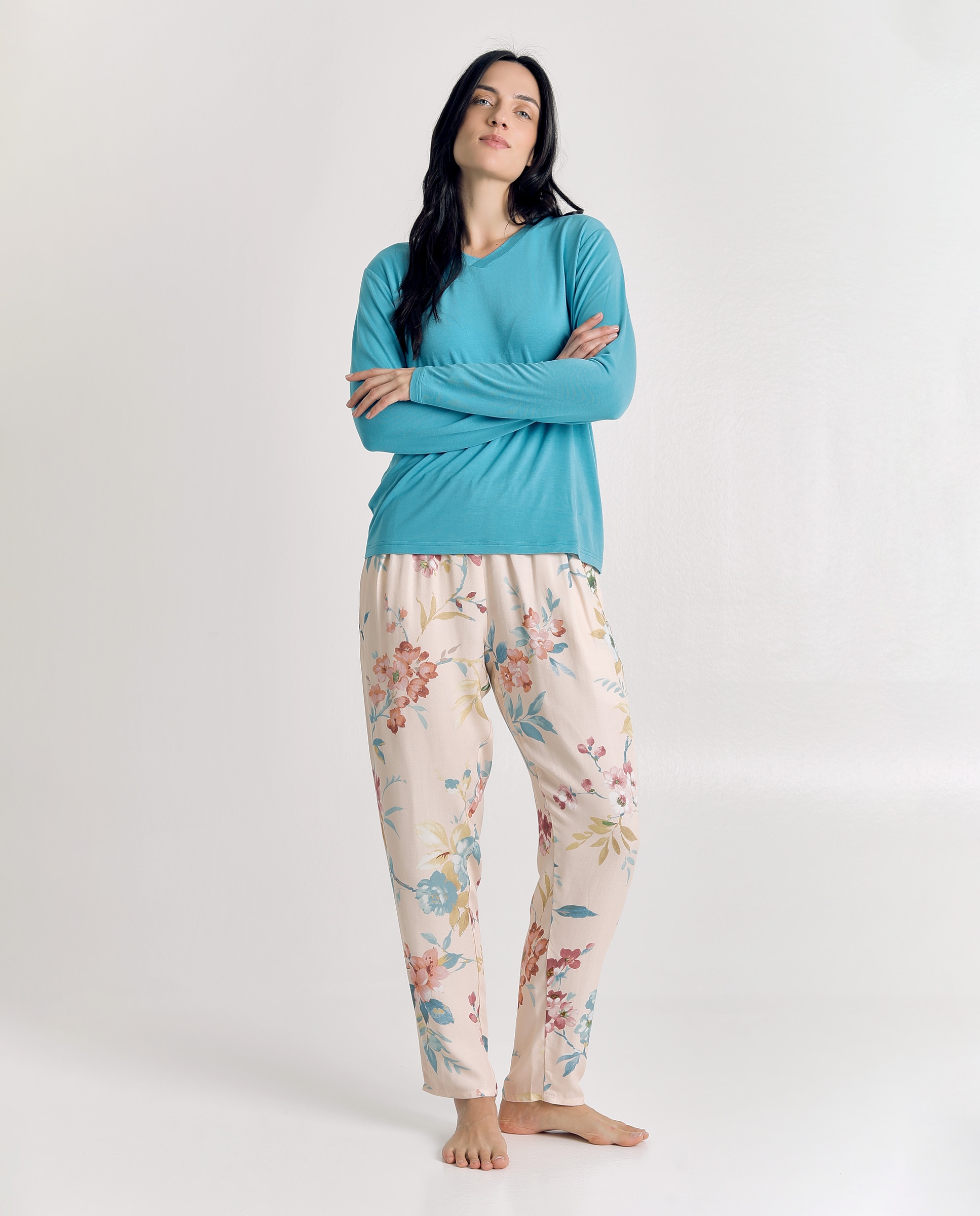 Pijama de mujer suave con pantalón floral - J&J Brothers - Azul Azul-4