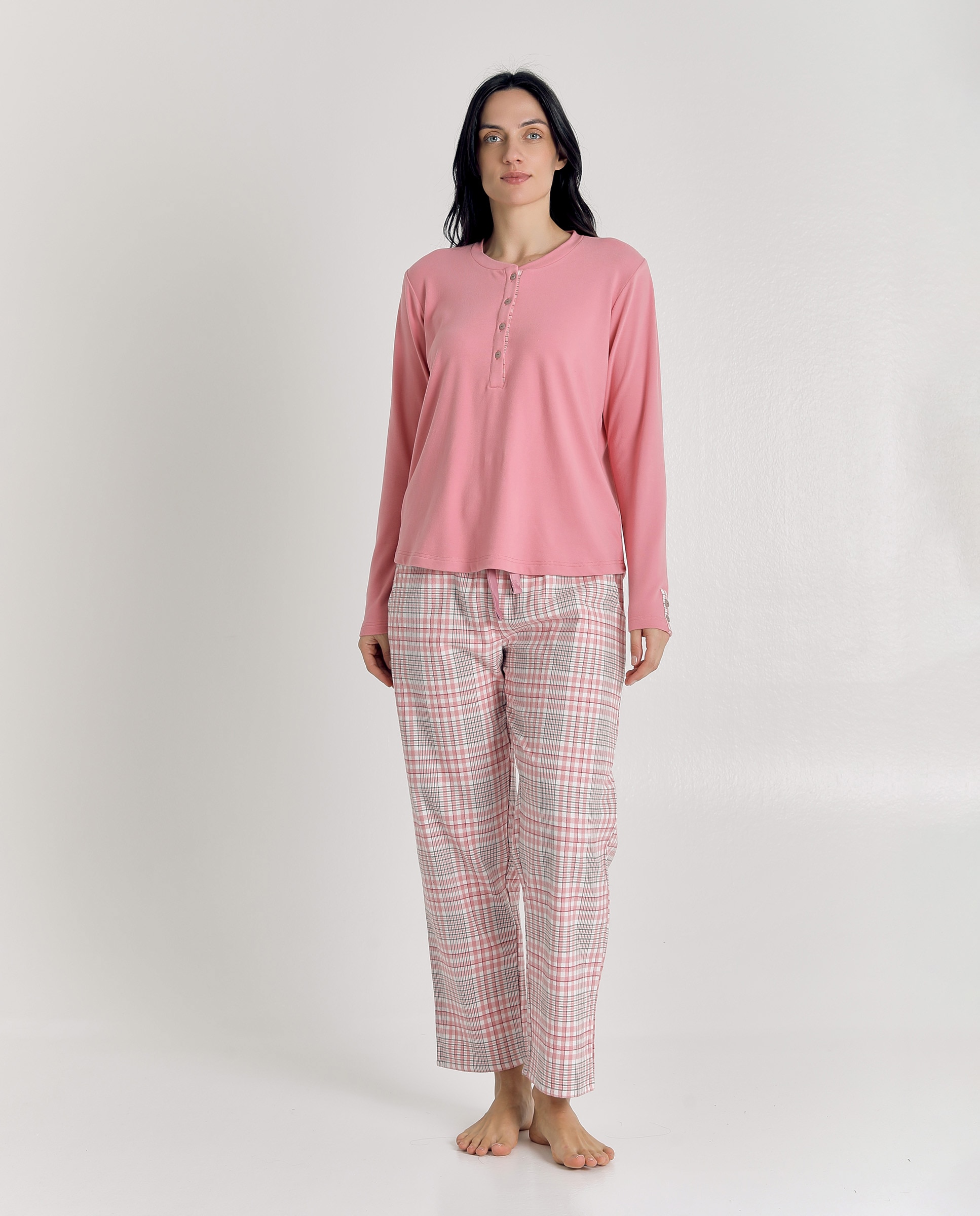 Imagen 0 de Pijama de mujer a cuadros con camiseta de botones Rosa