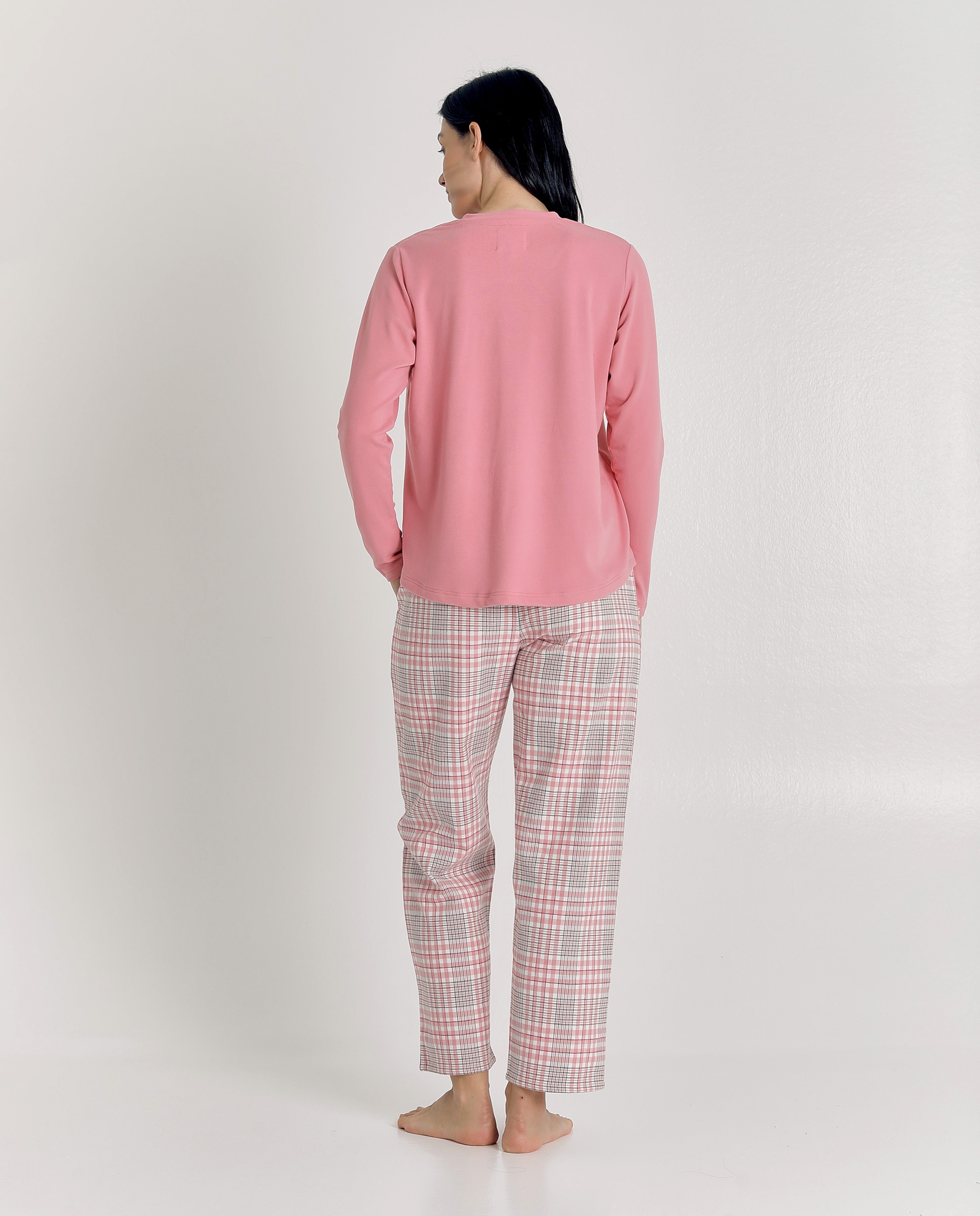 Pijama de mujer a cuadros con camiseta de botones - J&J Brothers - Rosa Rosa-2