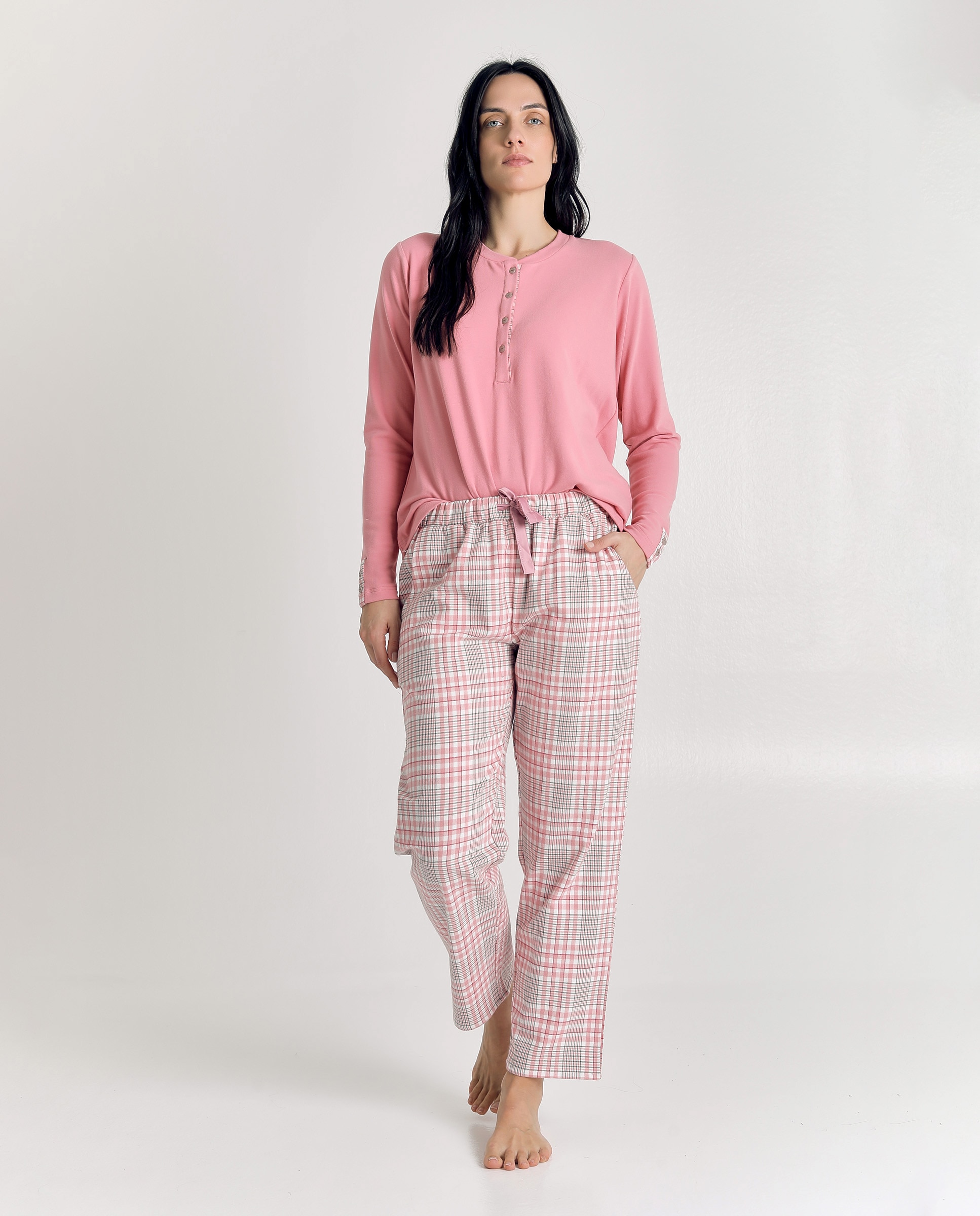 Pijama de mujer a cuadros con camiseta de botones - J&J Brothers - Rosa Rosa-3