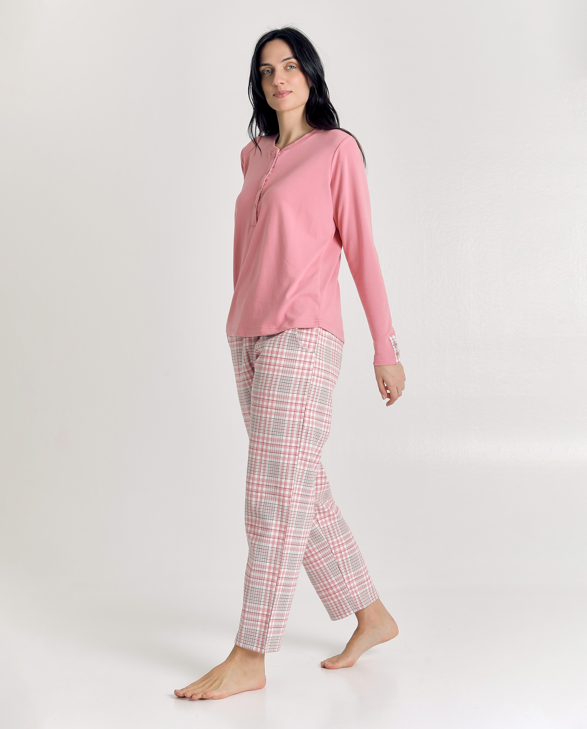 Pijama de mujer a cuadros con camiseta de botones - J&J Brothers - Rosa Rosa-4
