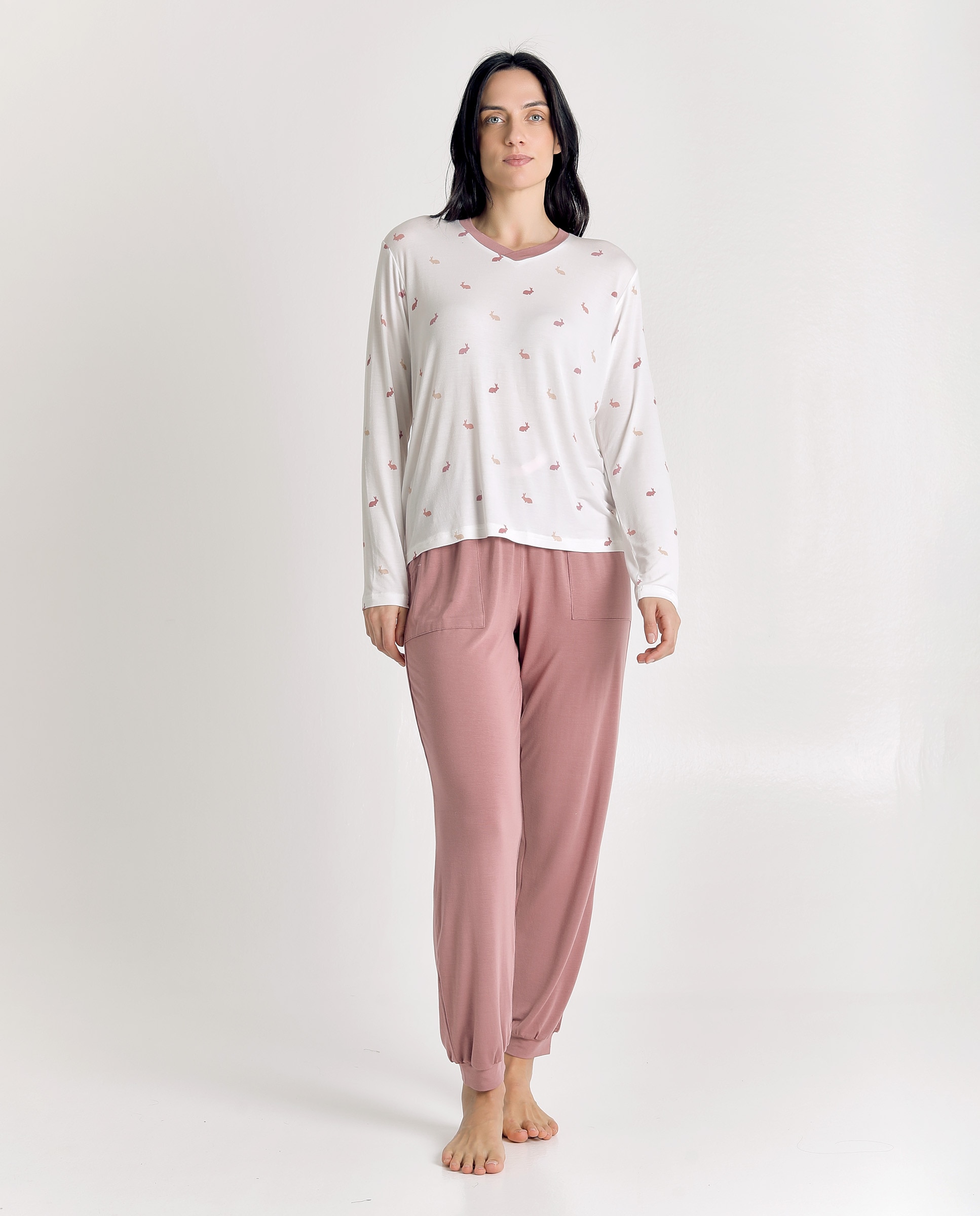 Imagen 0 de Pijama de mujer con diseño de conejitos y tacto suave Rosa