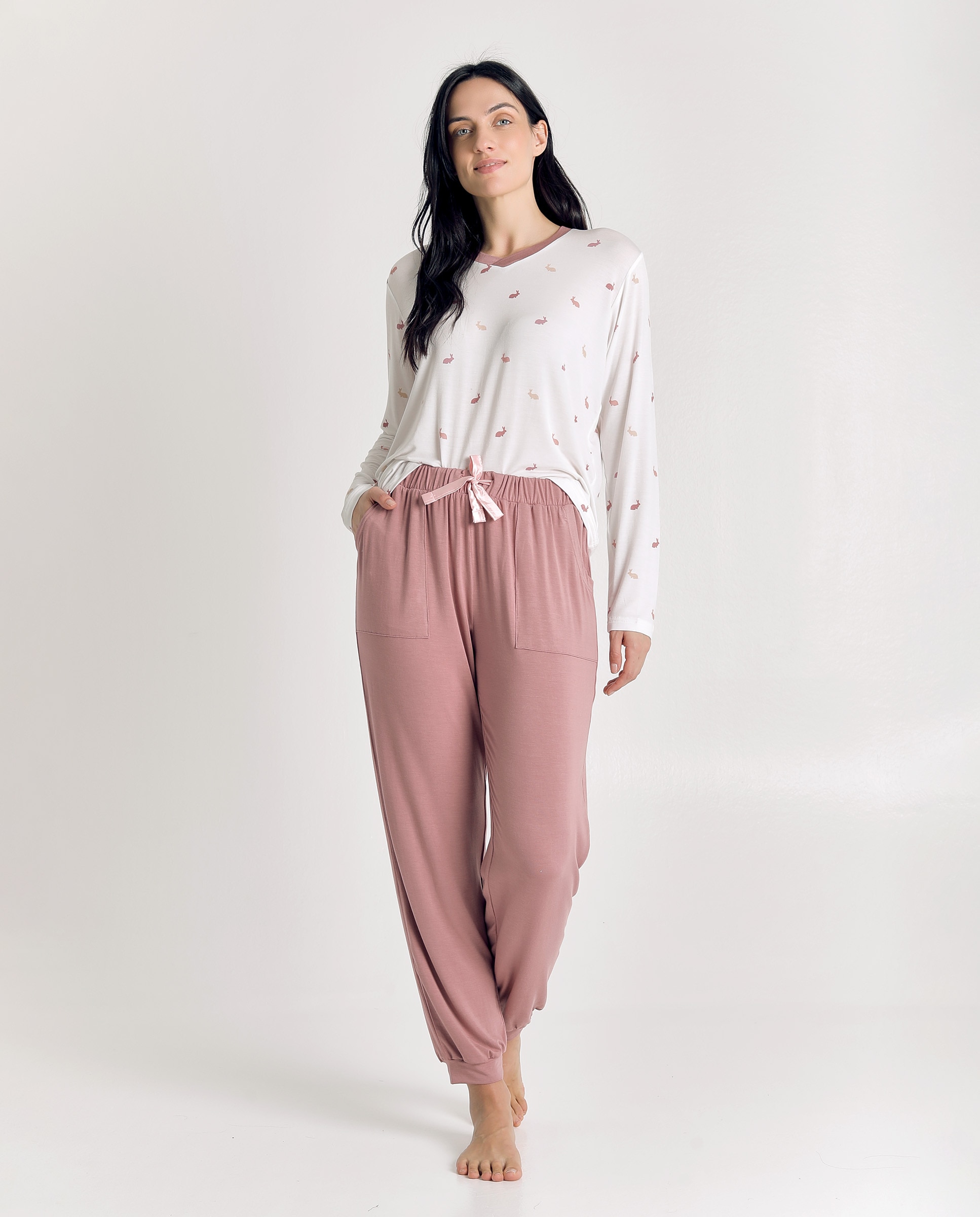 Pijama de mujer con diseño de conejitos y tacto suave - J&J Brothers - Rosa Rosa-3