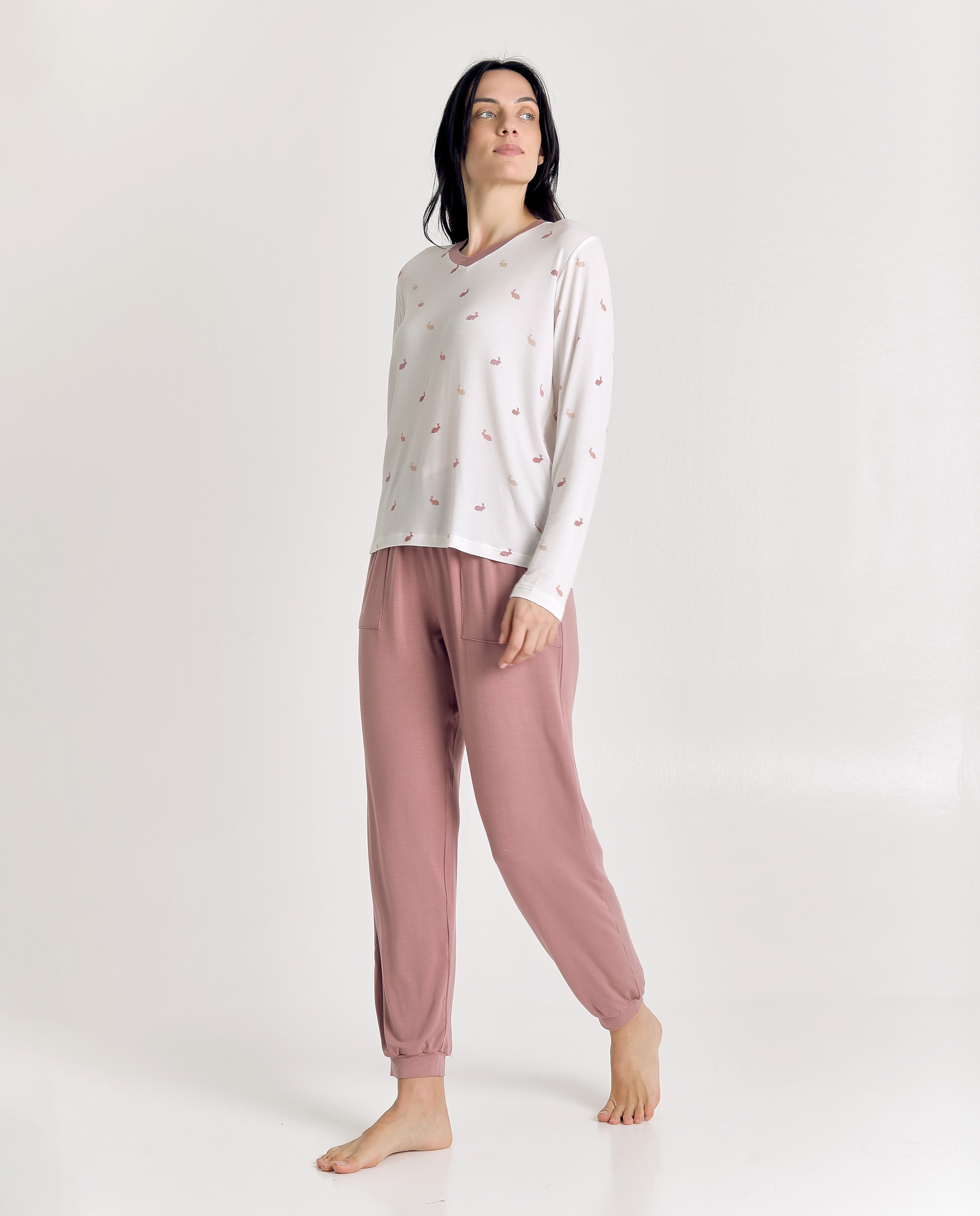 Pijama de mujer con diseño de conejitos y tacto suave - J&J Brothers - Rosa Rosa-4