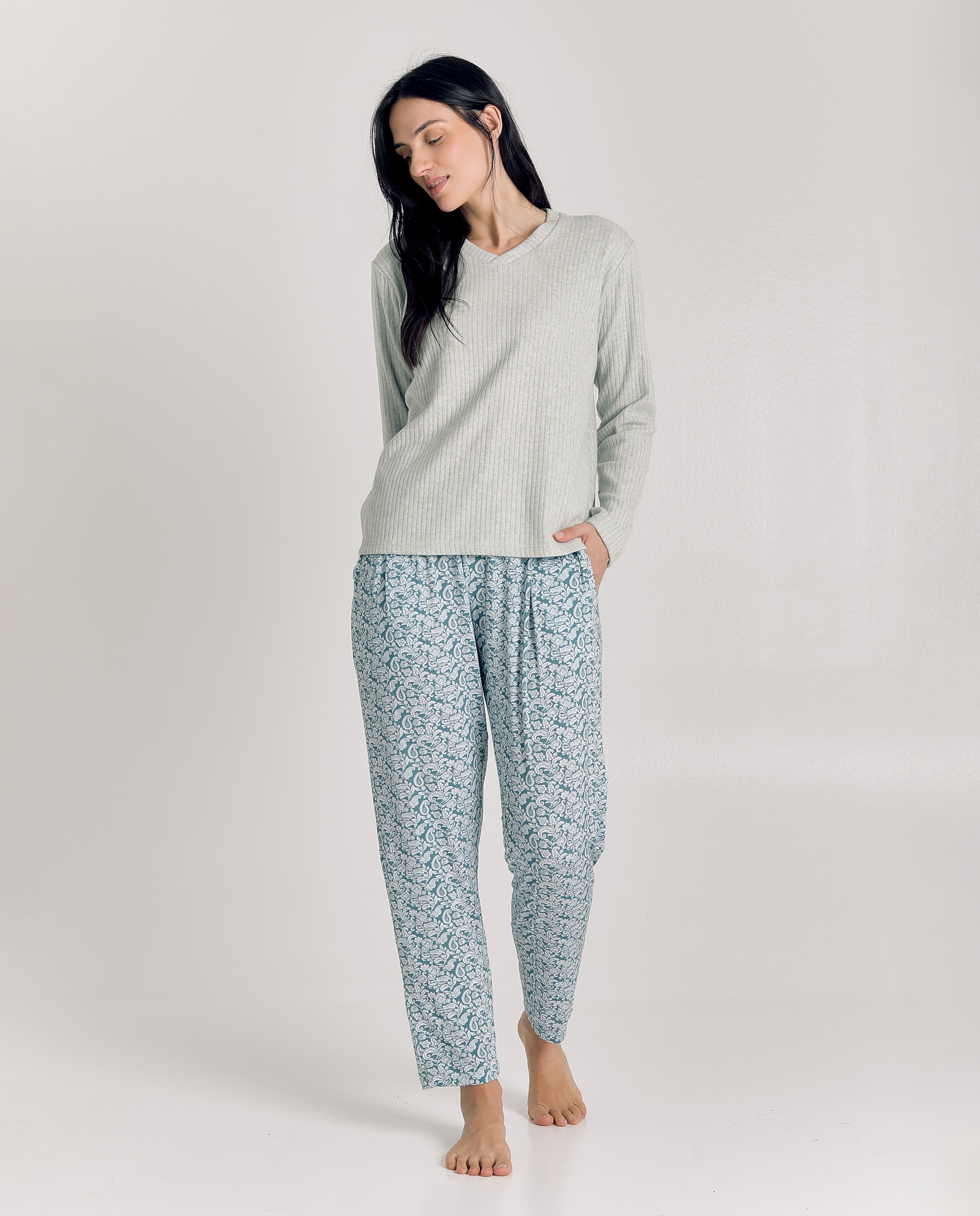 Pijama de mujer de punto con diseño paisley - J&J Brothers - Azul Azul-3