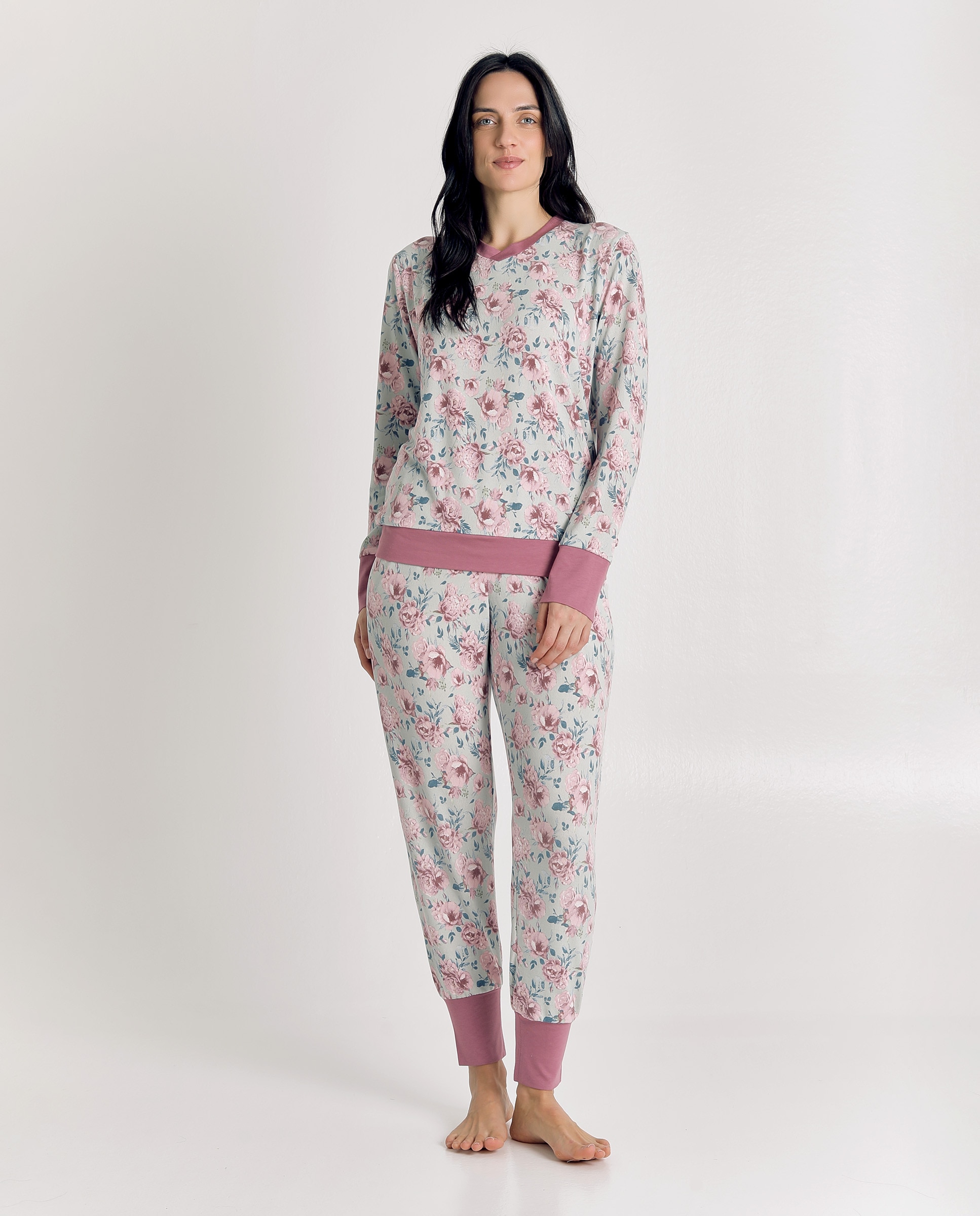 Imagen 1 de Pijama de mujer diseño floral con puños elásticos Rosa