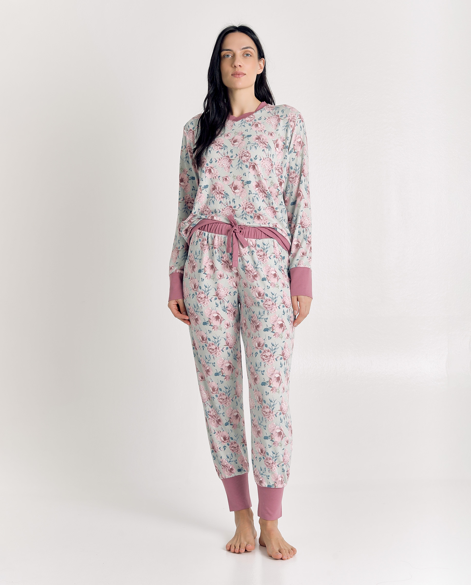 Imagen 3 de Pijama de mujer diseño floral con puños elásticos - J&J Brothers - Rosa Rosa
