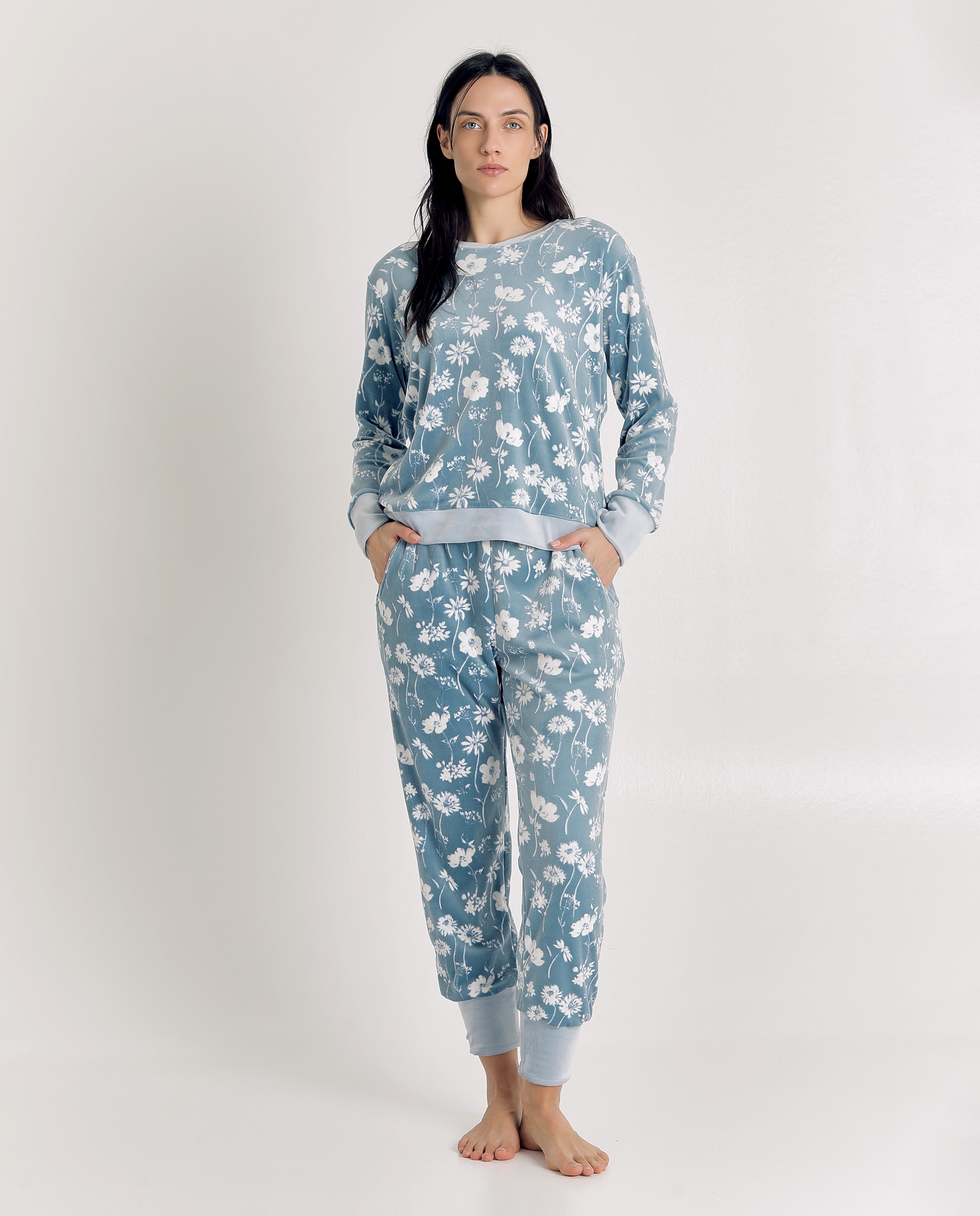 Imagen 1 de Pijama de mujer de terciopelo con estampado floral Azul claro
