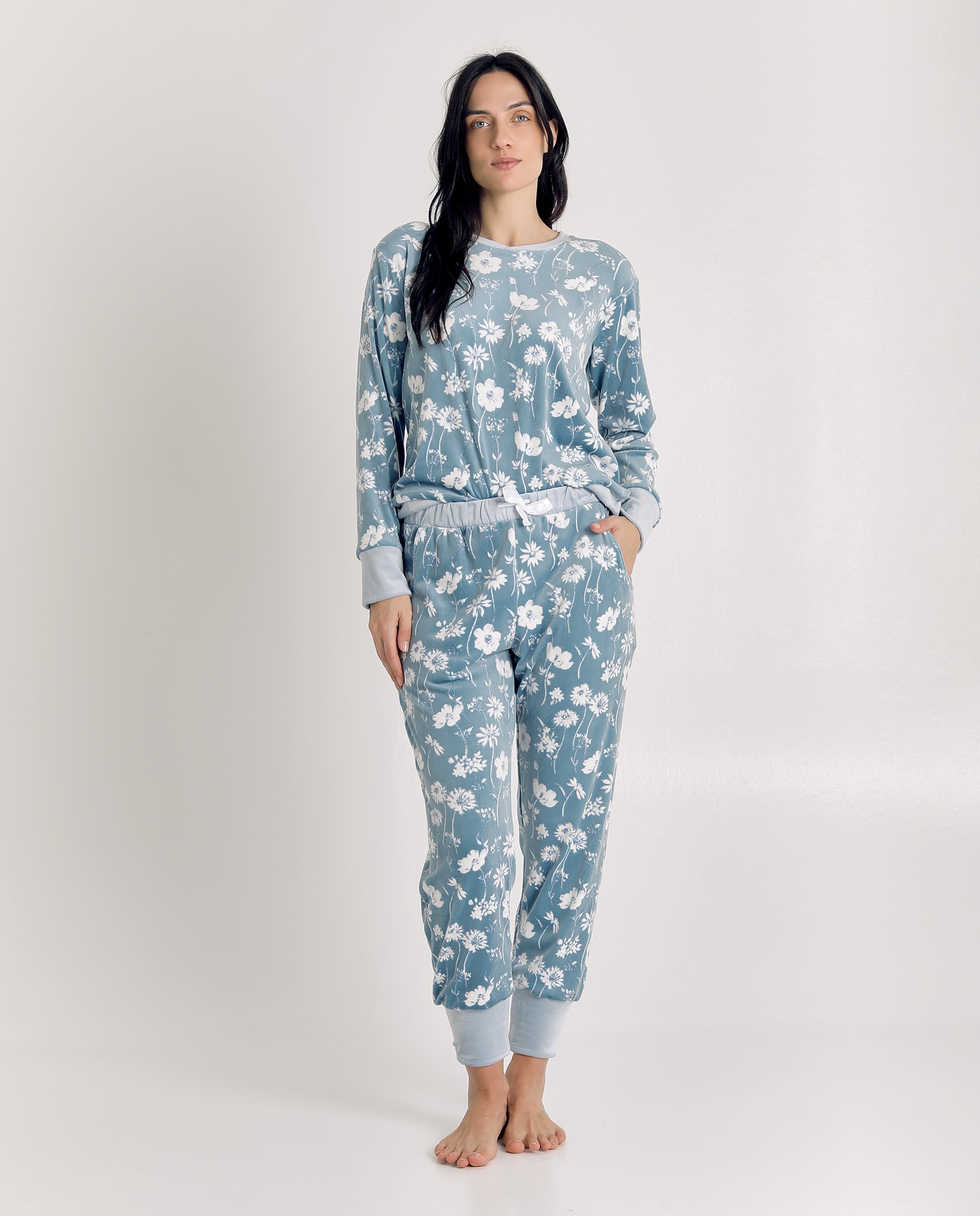 Imagen 3 de Pijama de mujer de terciopelo con estampado floral - J&J Brothers - Azul claro Azul claro