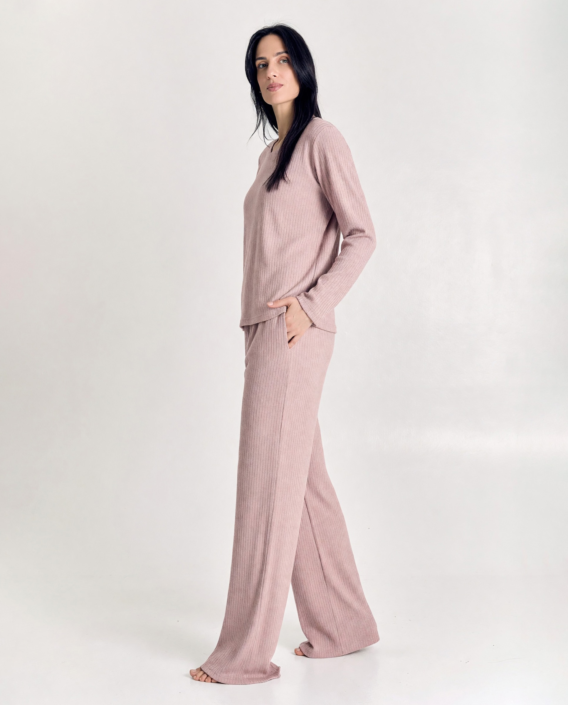 Pijama de mujer de punto con manga larga - J&J Brothers - Rosa Rosa-3