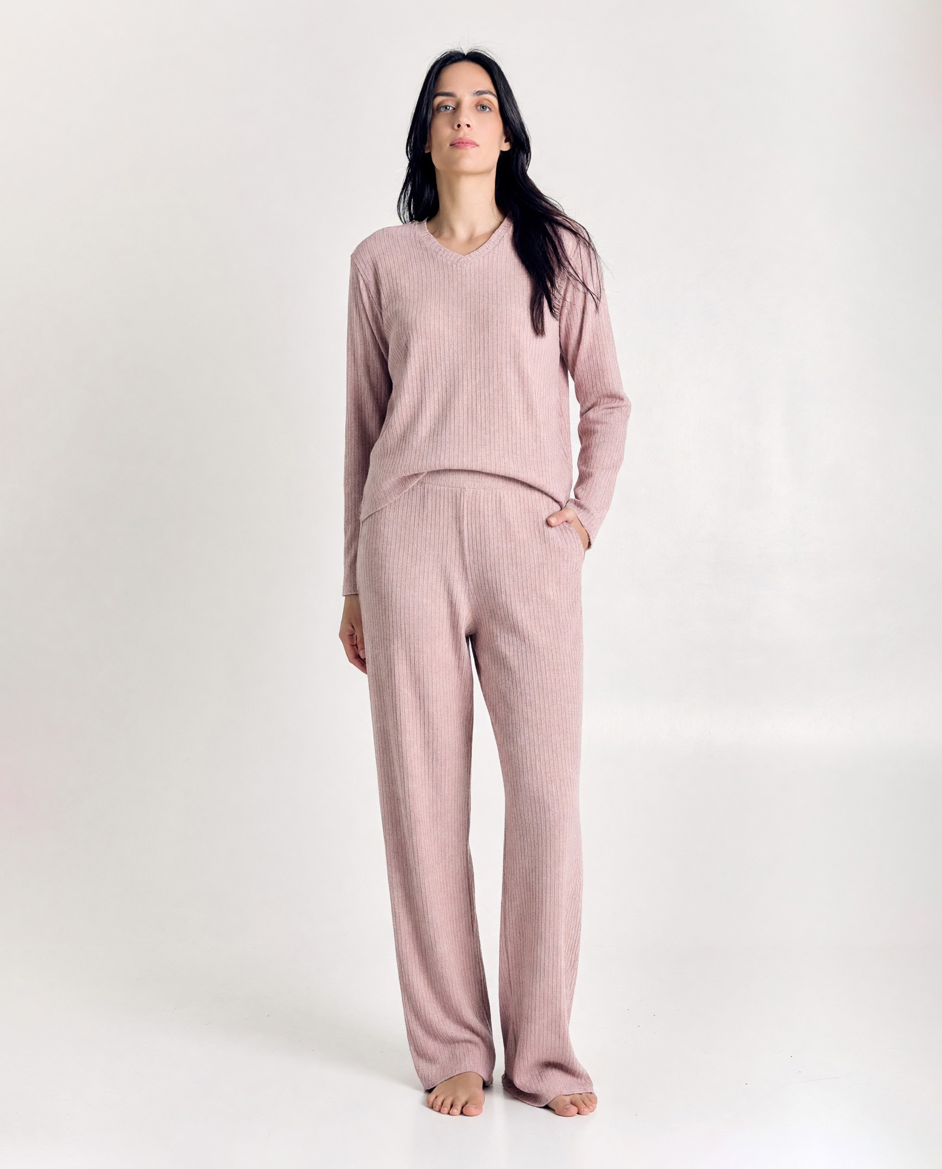 Pijama de mujer de punto con manga larga - J&J Brothers - Rosa Rosa-4
