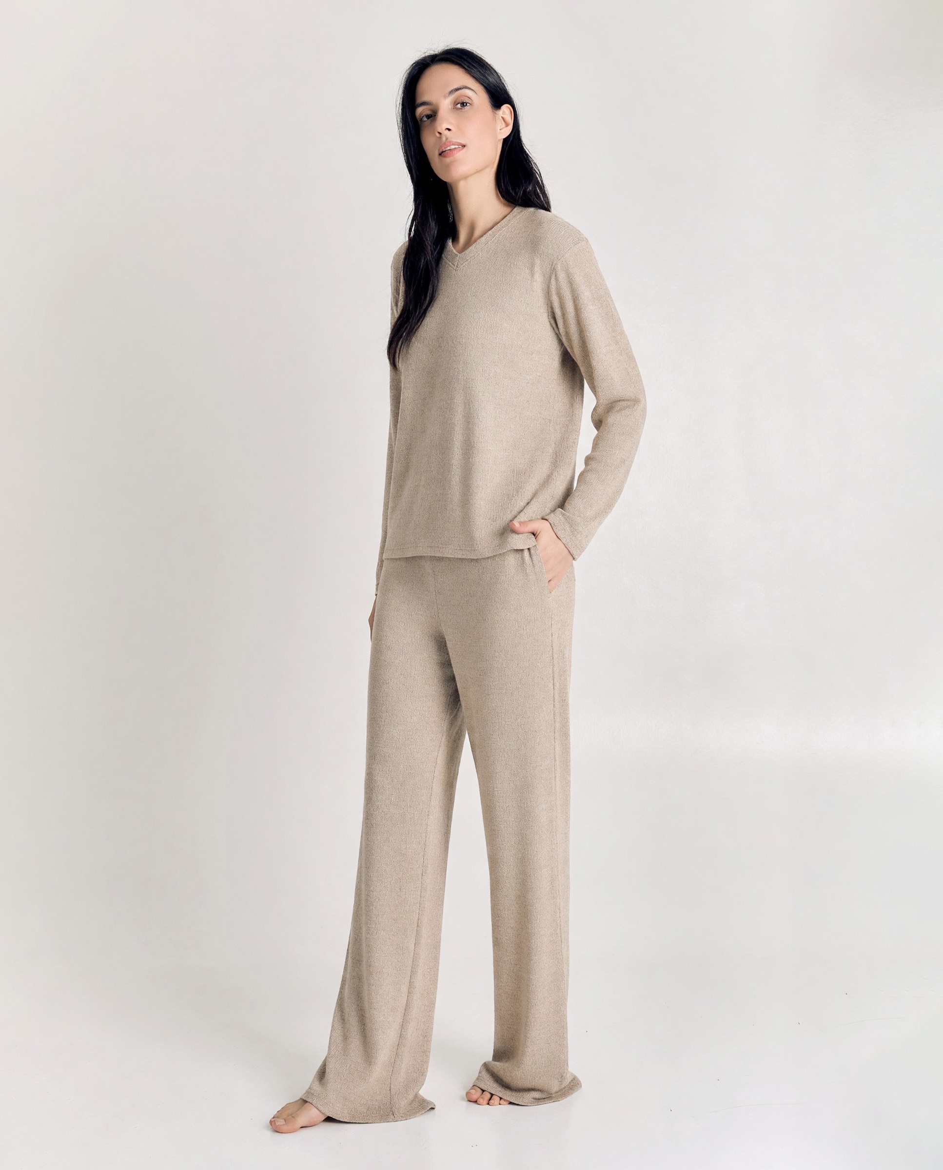 Pijama de mujer de punto jaspeado y cálido - J&J Brothers - Beige Beige-3