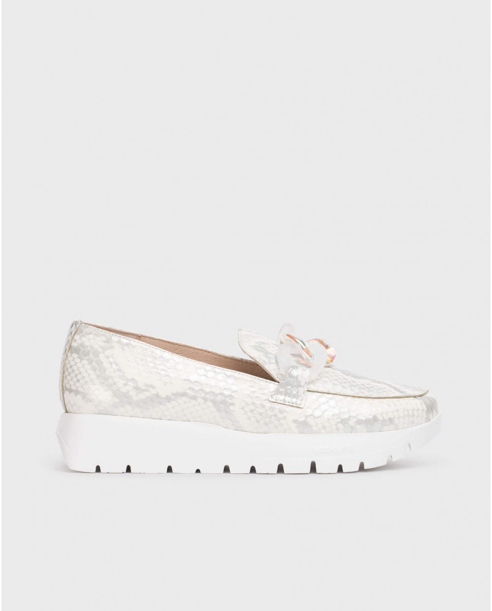 Mocasines de mujer de piel con detalle de cadena - Wonders - Blanco Blanco-1