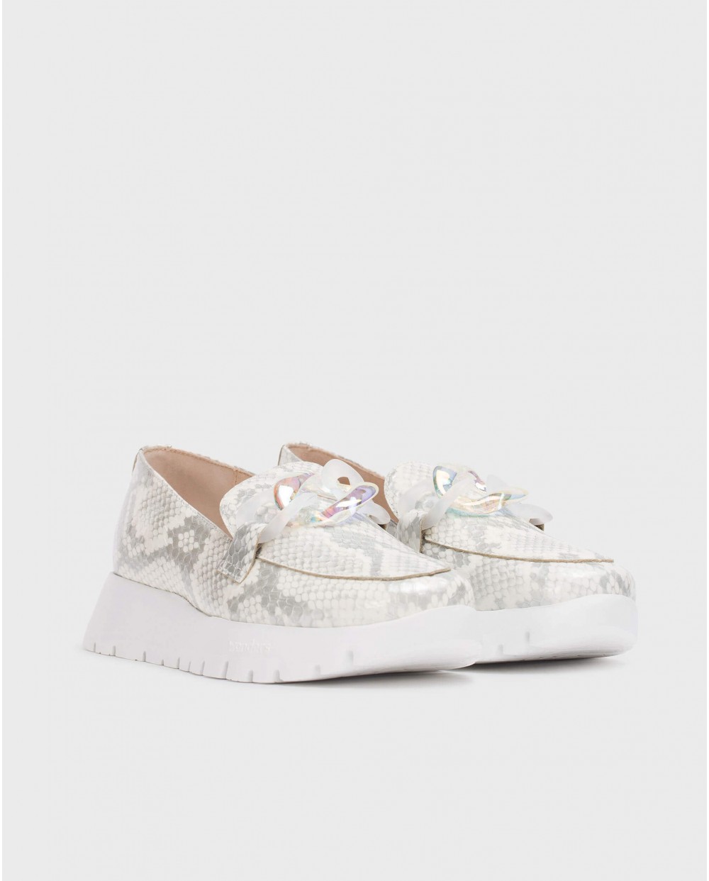 Mocasines de mujer de piel con detalle de cadena - Wonders - Blanco Blanco-2