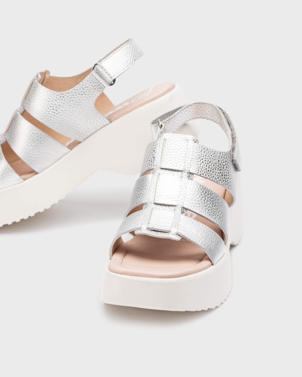 Sandalias de cuña de mujer de piel con cierre adherente - Wonders - Blanco Blanco-4