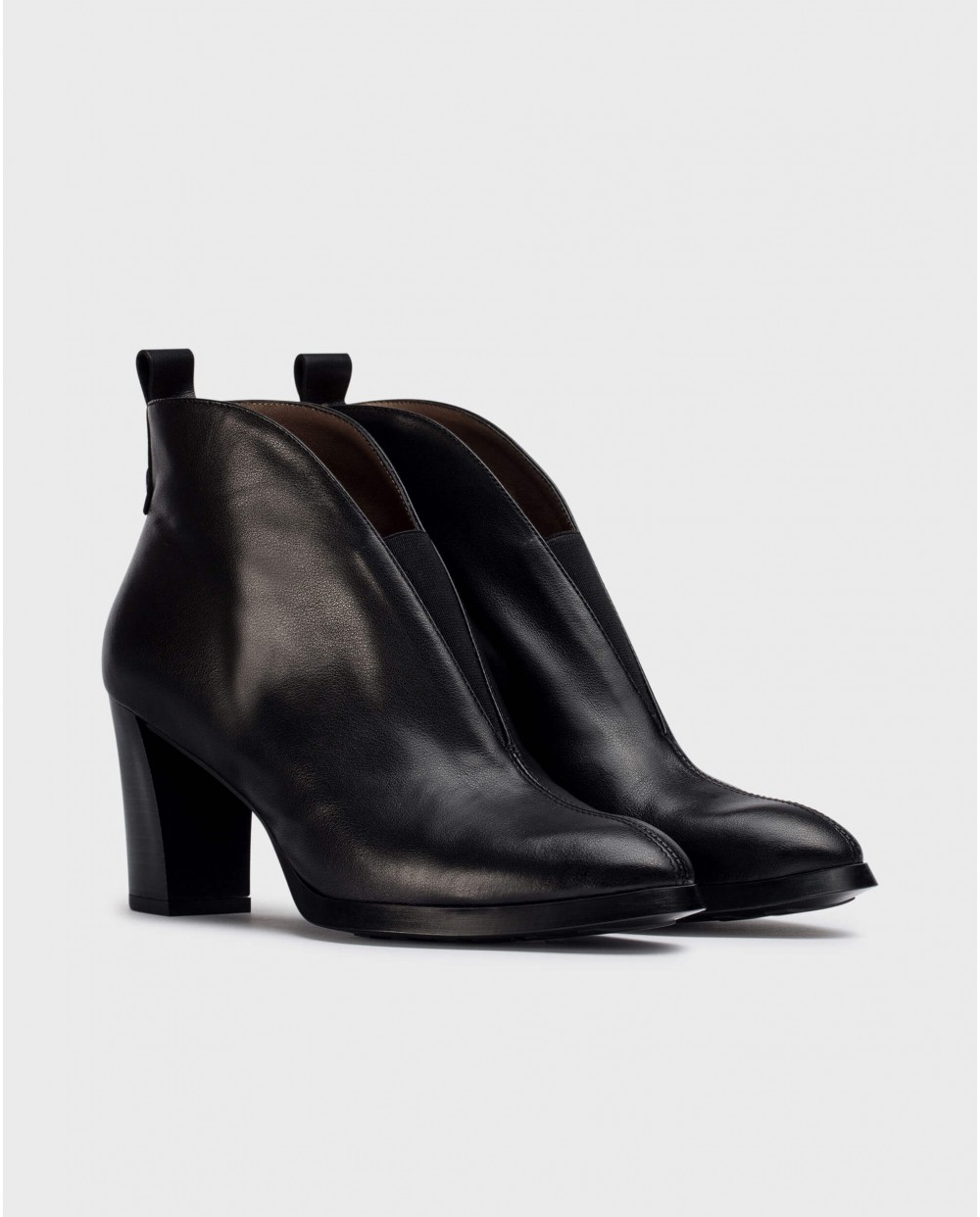 Botines de mujer con escote en V en piel marrón - Wonders - Negro Negro-2