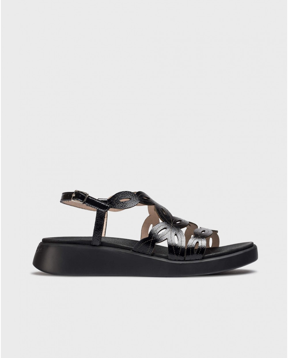 Sandalias planas de mujer de piel vacuna con hebilla metálica - Wonders - Negro Negro-1